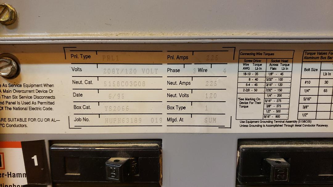 Cutler-Hammer PRL1 225A 120/208V 3PH 42-Circuit Pow-R-Line Panelboard 66"H (S6LLST9765)