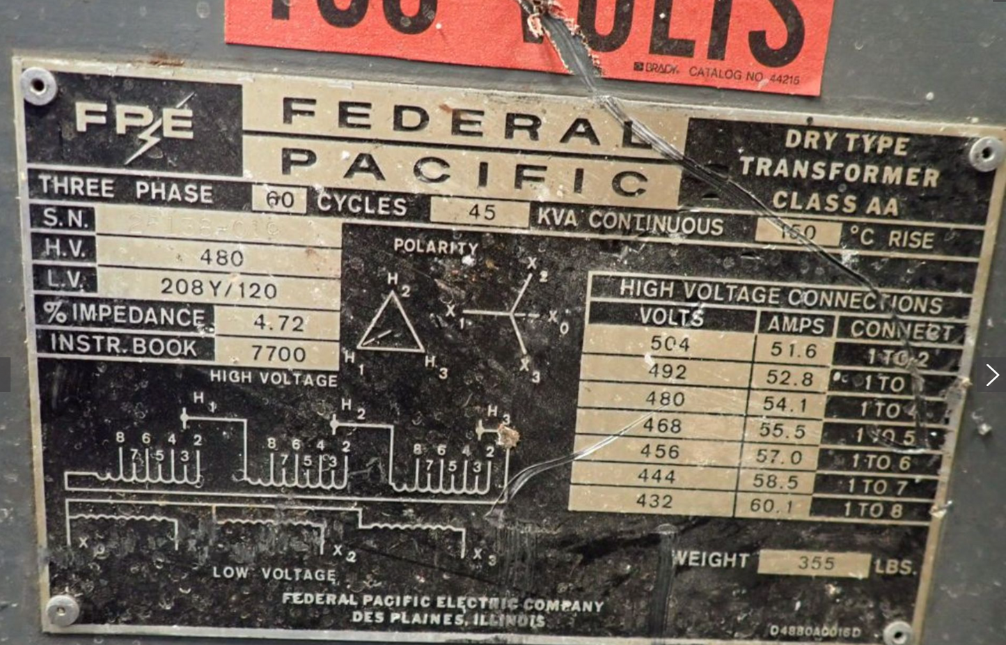 Federal Pacific 45KVA Dry Type Transformer 480v x 208/120v