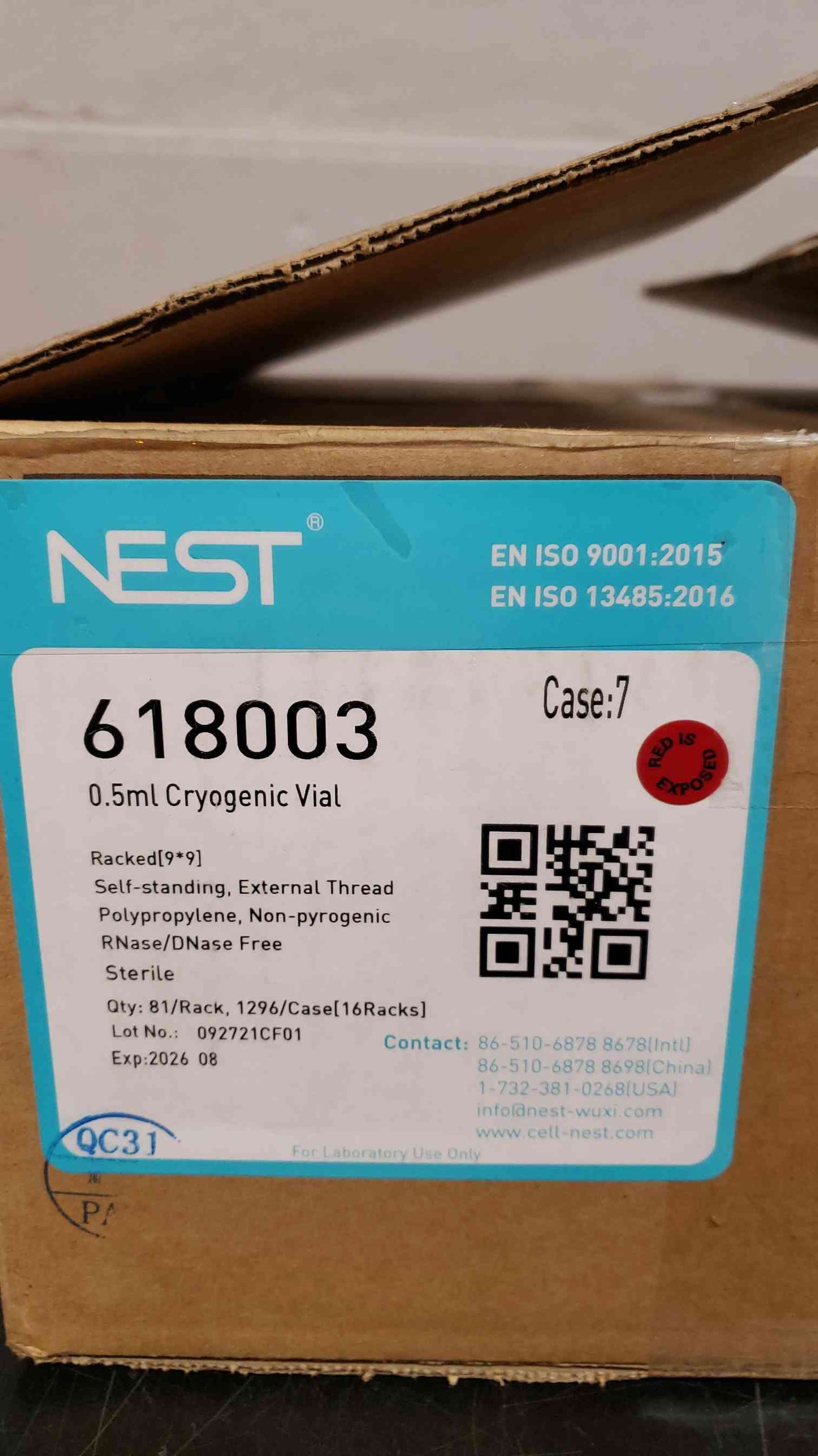 Qty 1296 Case Nest Biotechnology 0.5mL Cryogenic Vial Racked (9x9) Self-Standing, External Thread Polypropylene, Non-pyrogenic Rnase/Dnase Free Sterile