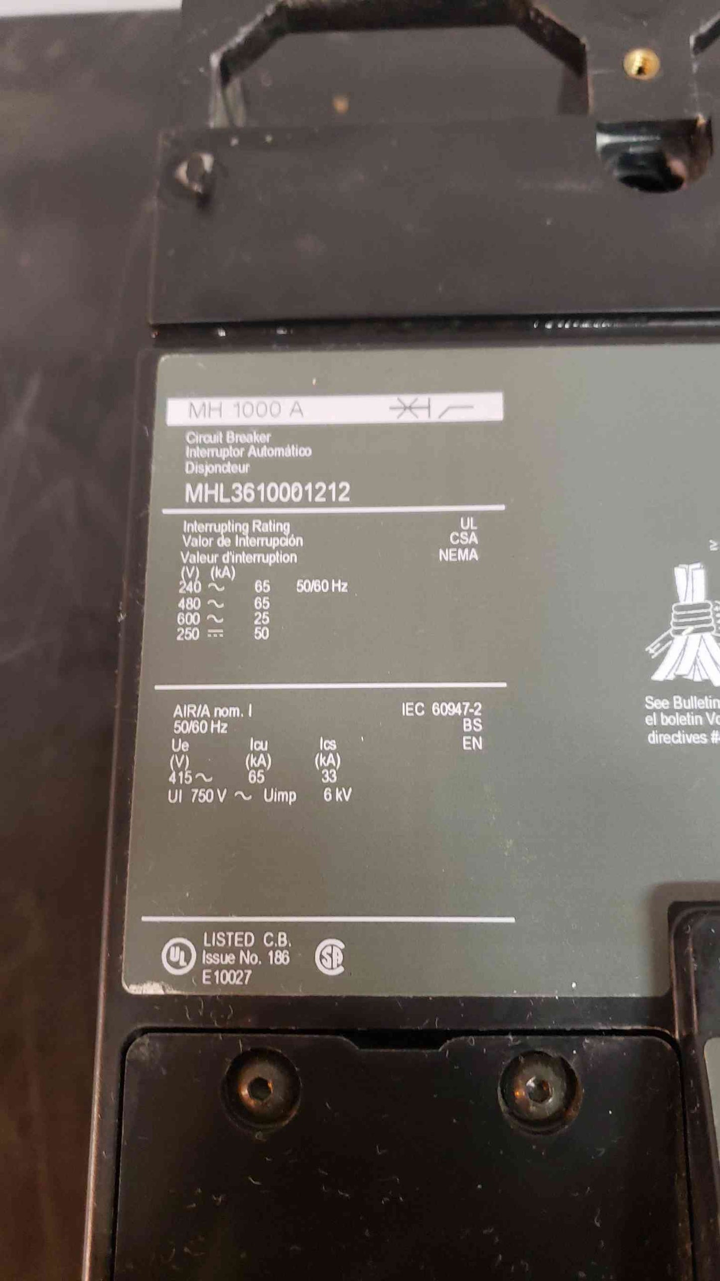 Square D 1000 Amp Breaker MH 1000 A MHL3610001212 (SKU: 2863AA)(2863AA)