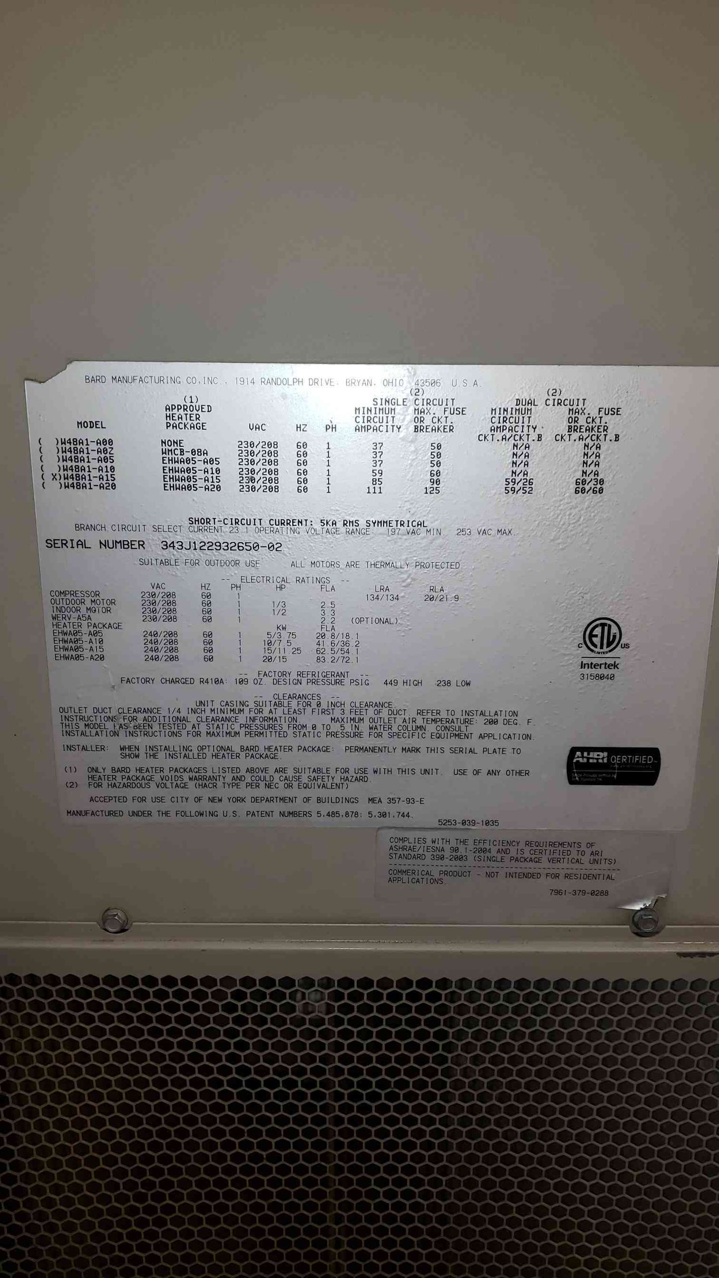 AS-IS BARD Wall Mount Heating/Cooling Package W48A1-A15 AS-IS Untested 1PH(3886AA)