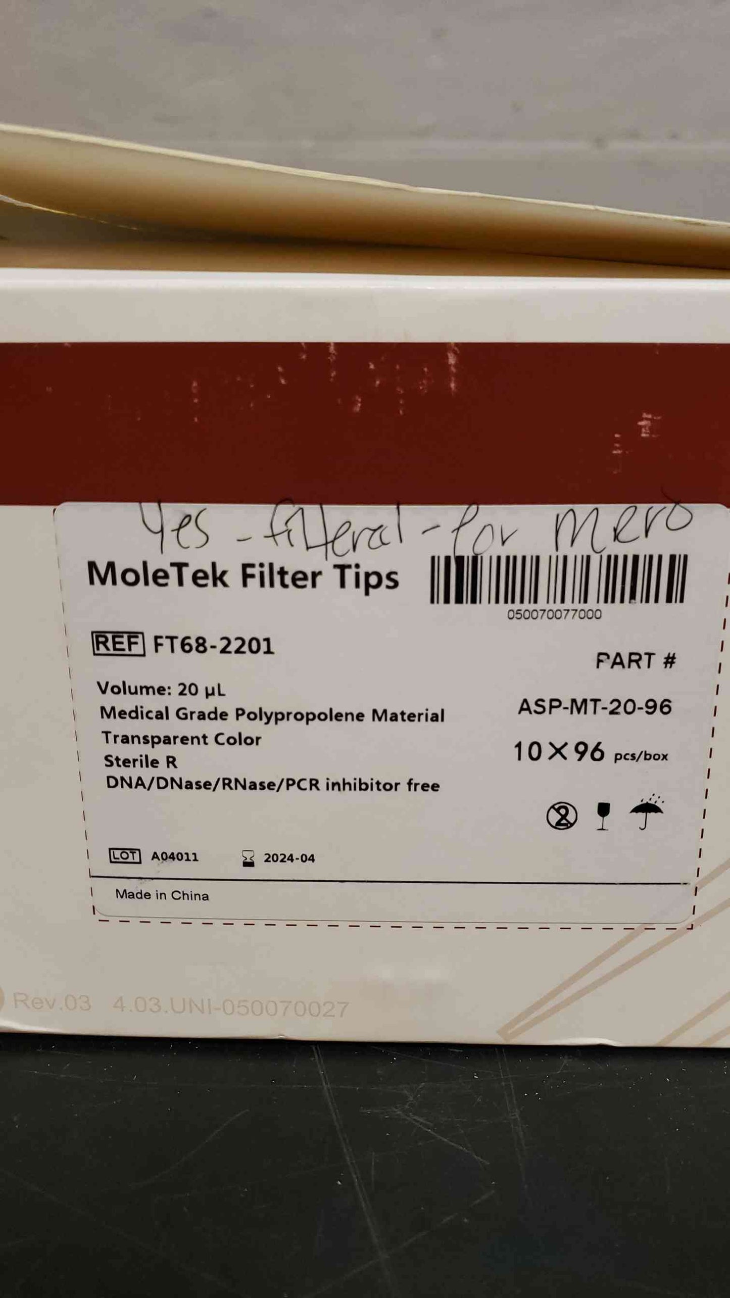Lot of 4,800 20uL Moletek Tips, 50 containers/box-96 pcs/container ASP-MT-20-96