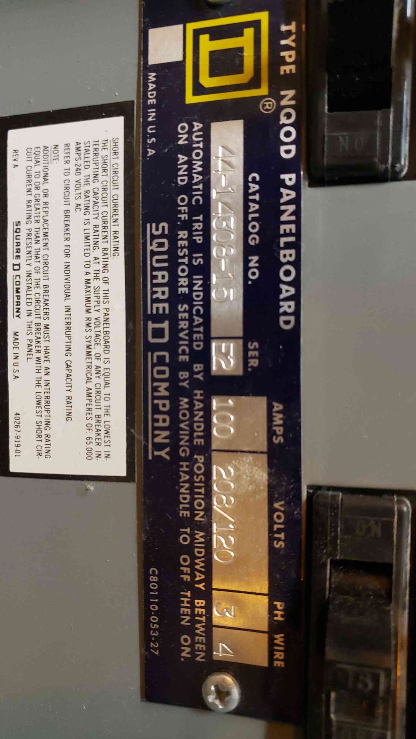 100A E2 NQOD Square D Panel Board 120/208v MHC38S LOADED(100290)