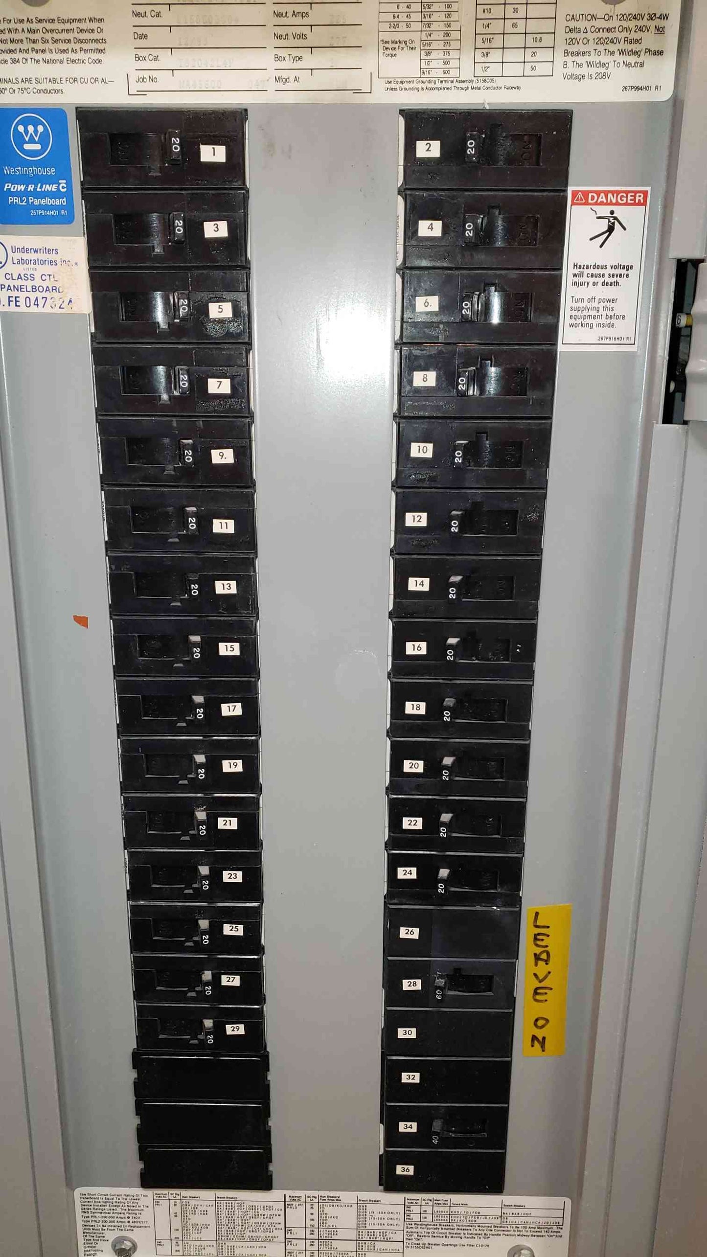 110A PRL2 480V, 277V Panelboard W/ Main & Breakers 36 ckt Neut. 225 (SKU: 4442AA)(4442AA)