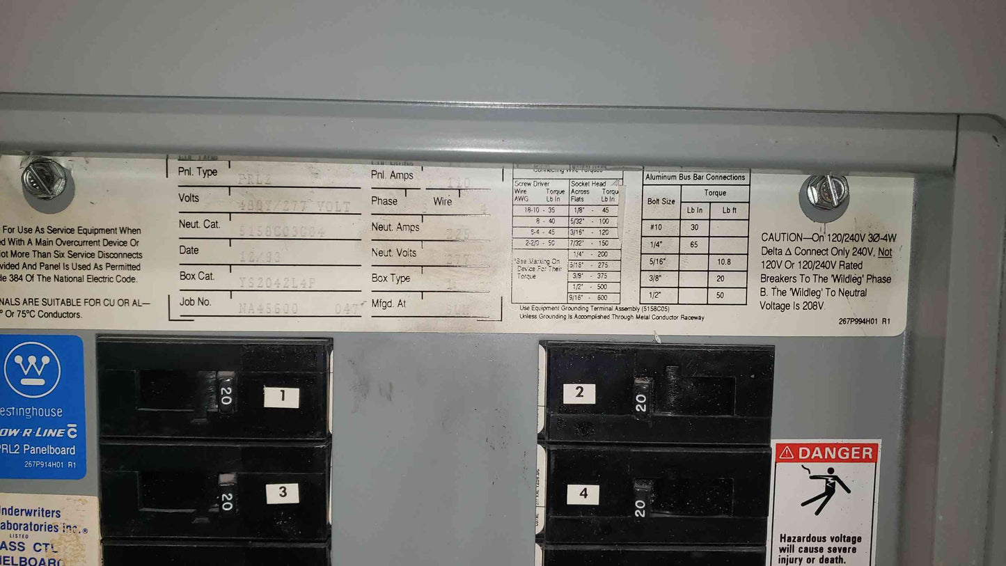 110A PRL2 480V, 277V Panelboard W/ Main & Breakers 36 ckt Neut. 225 (SKU: 4442AA)(4442AA)