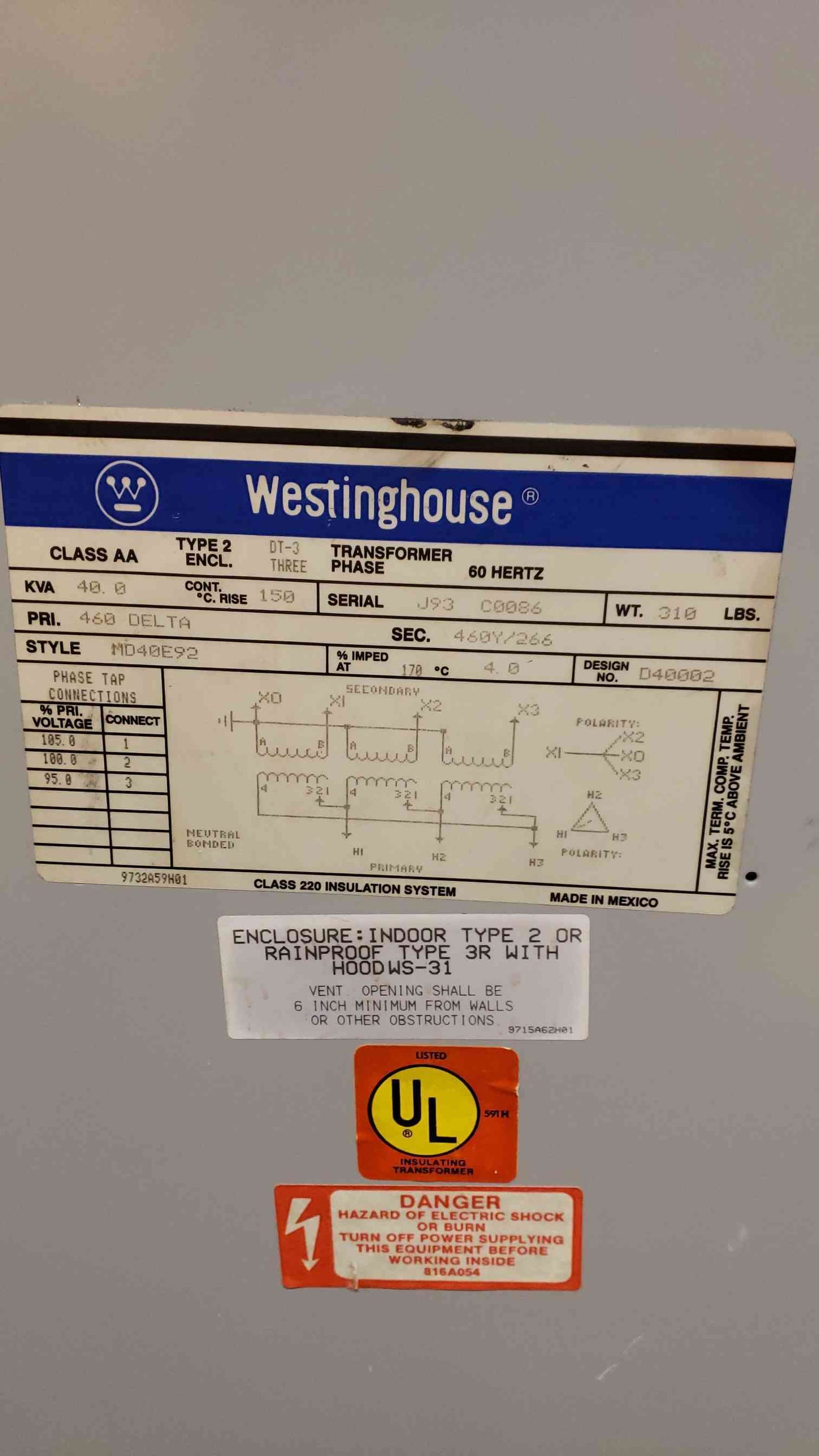 CutlerHammer 40KVA Dry Type Transformer 460v x 460/266v MD40E92 Westinghouse (SKU: 4457AA)(4457AA)