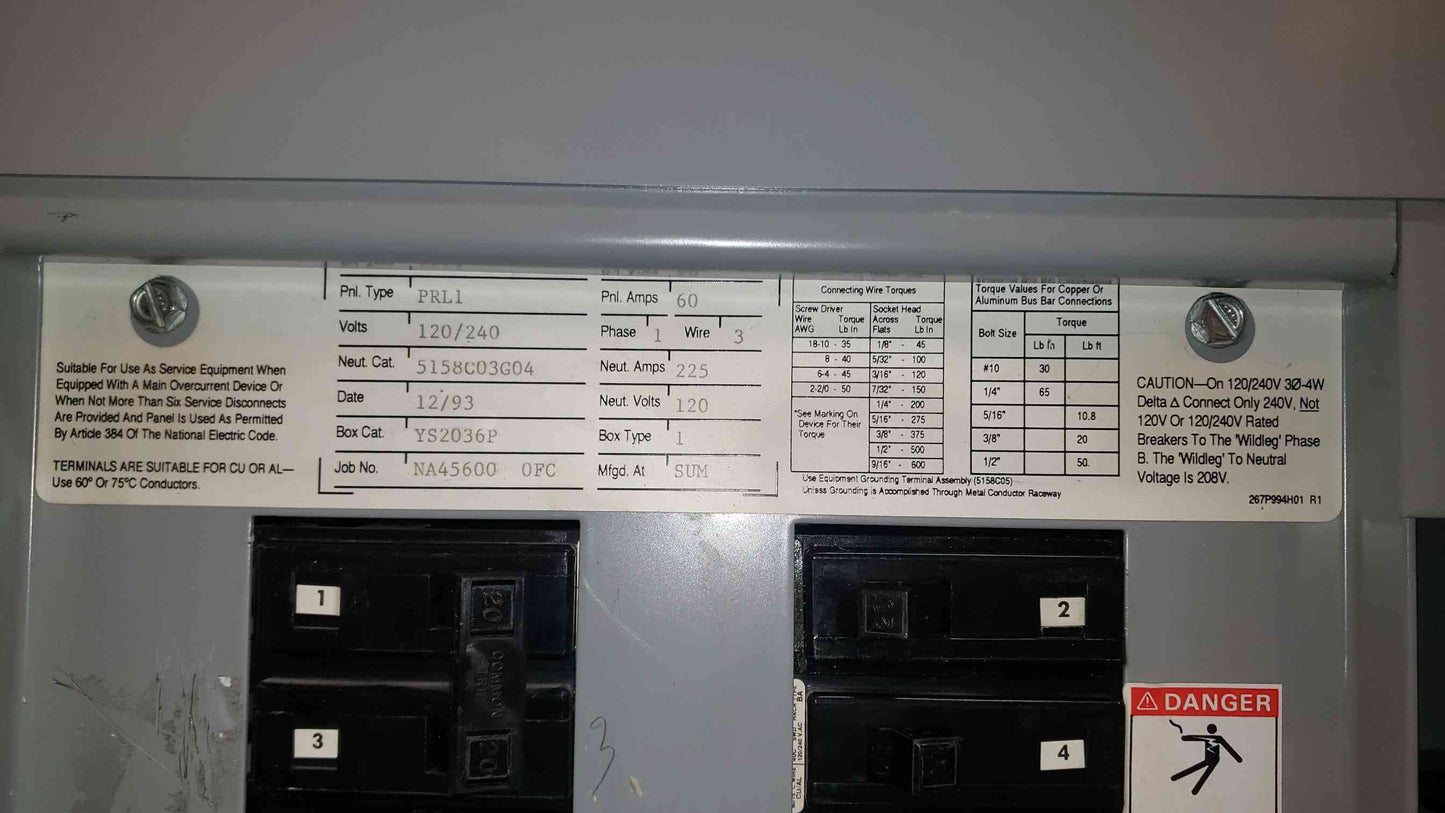 Westinghouse PRL1 60A 120/240V 1PH Compact Panelboard 225A Neutral Loaded BAB (SKU: 4917AA)