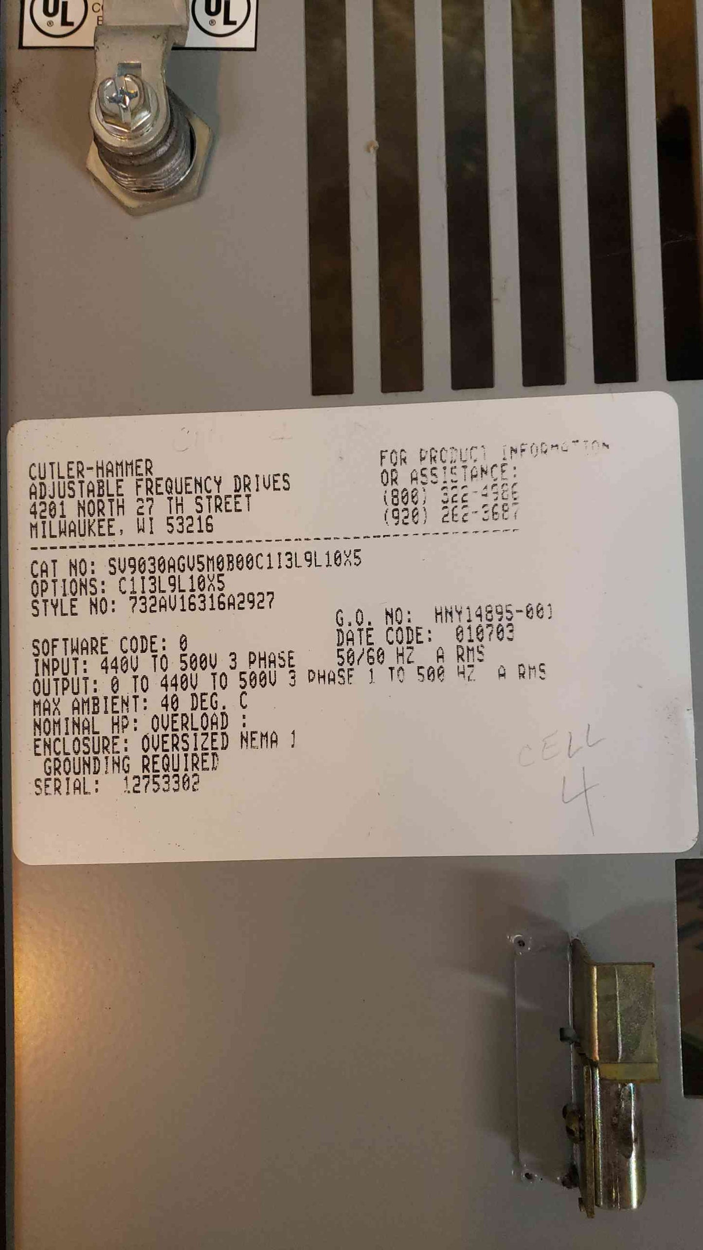 Cutler-Hammer SV9000 SU9030AGU5MOB00C113L9L10X5 Adjustable Frequency Drive (SKU: 4919AA)(4919AA)