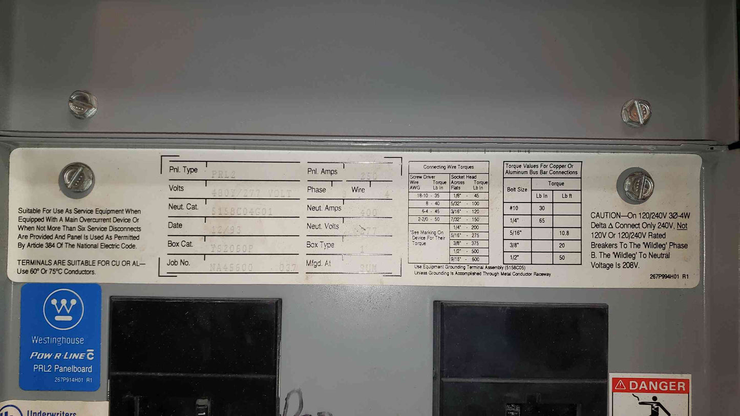 PRL2 250A 480V, 277V Panelboard 10 Breaker W/ Main Neut. 400A (SKU: 5435AA)(5435AA)