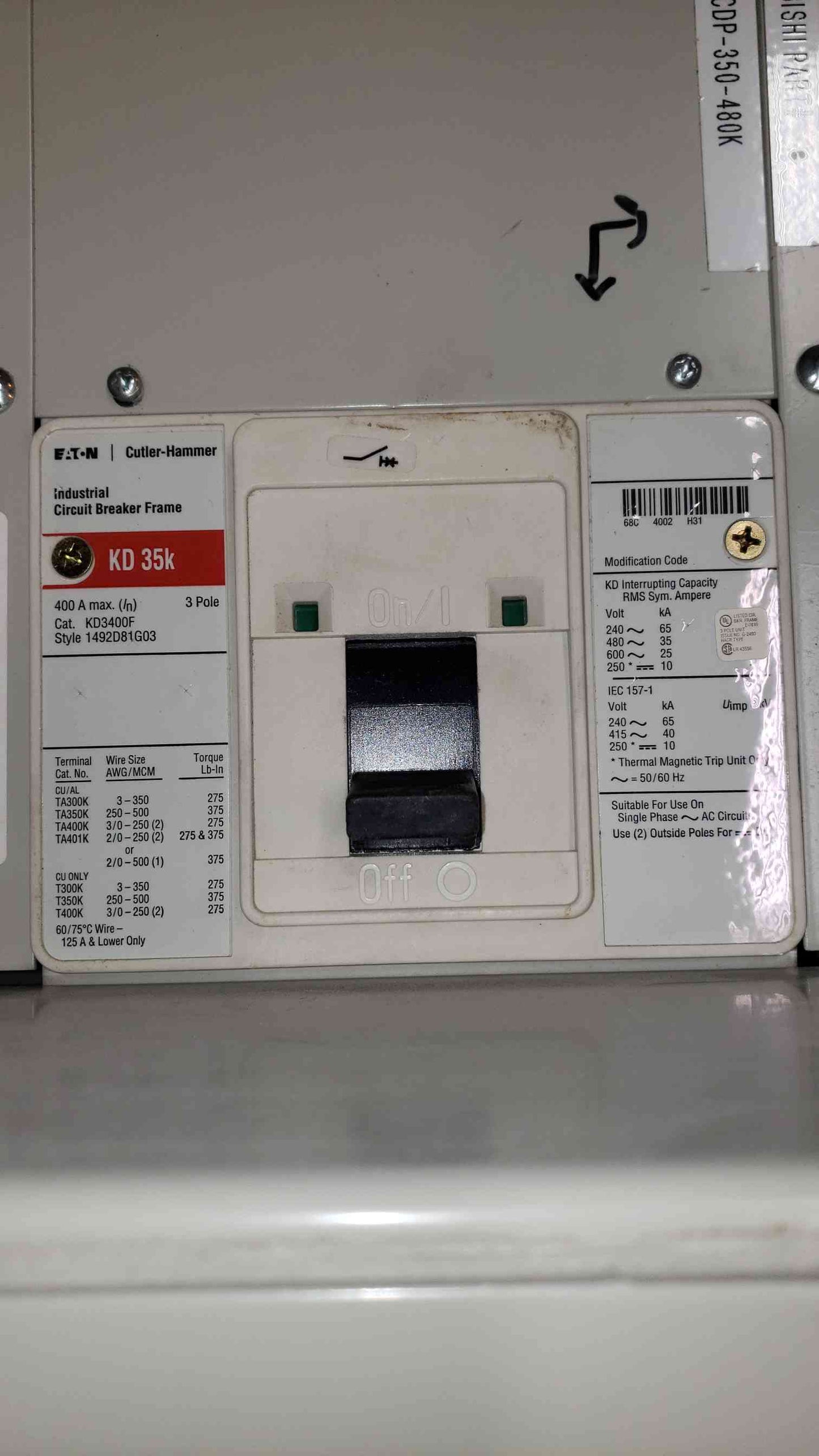 Mitsubishi MBP 3 Breaker Panelboard 400A 480V, 277V 3x KD3400F (SKU 1964AA)-(1964AA)