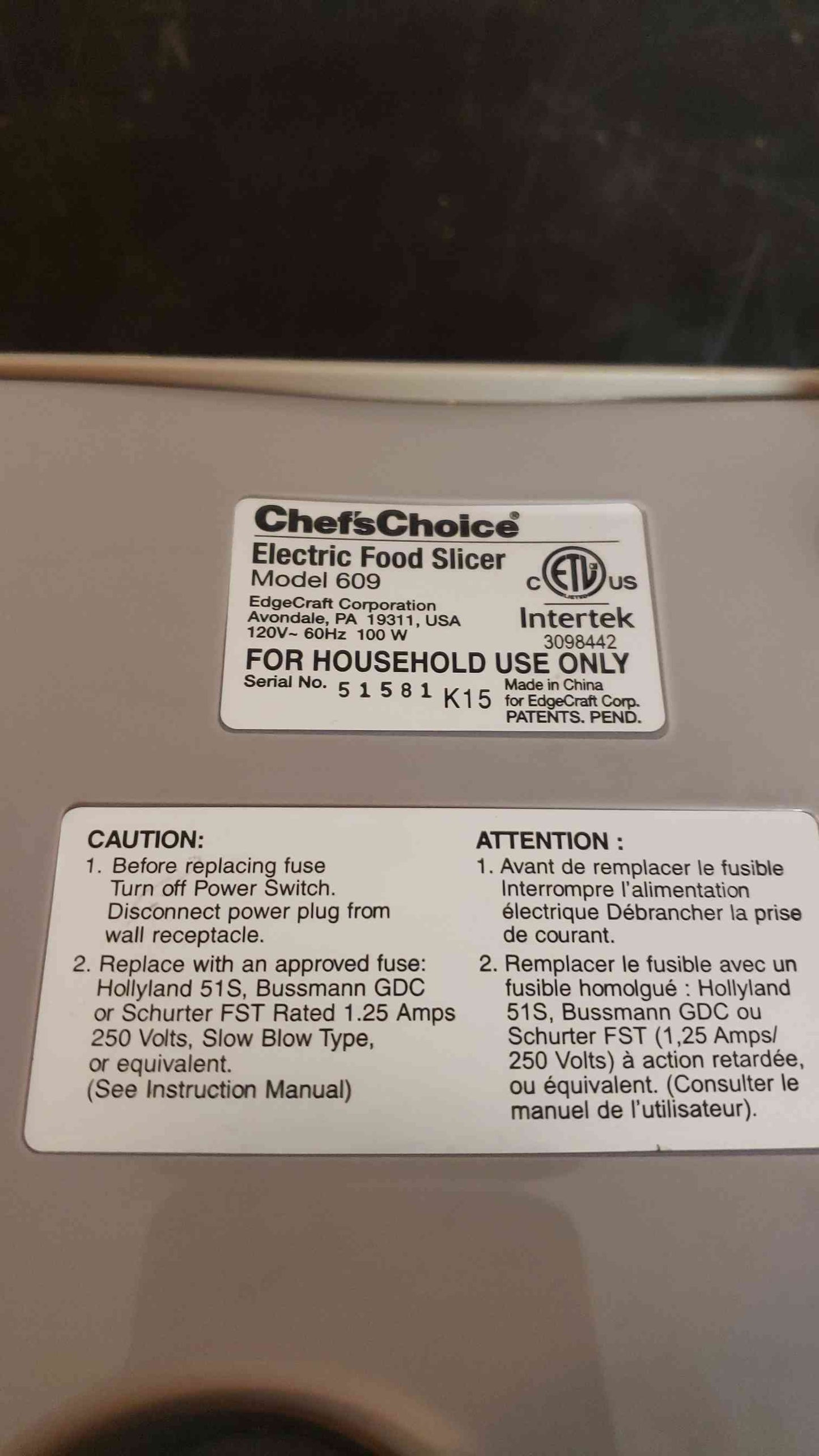 *Pickup Only* Chef's Choice Electric Meat Slicer 609 (SKU: 2991AA)(2991AA)