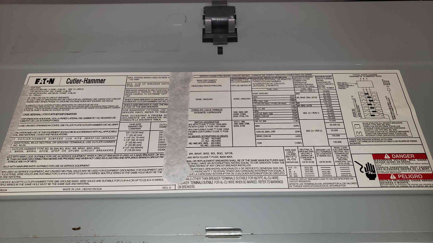200A EATON Breaker Panelboard 3Ph 208/120 (SKU: 2988AA)(2988AA)