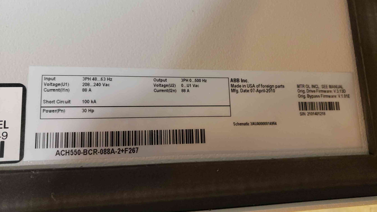 ABB 30HP VFD 80A ACH550BCR088A2+F267 (SKU: 3488AA)(3488AA)
