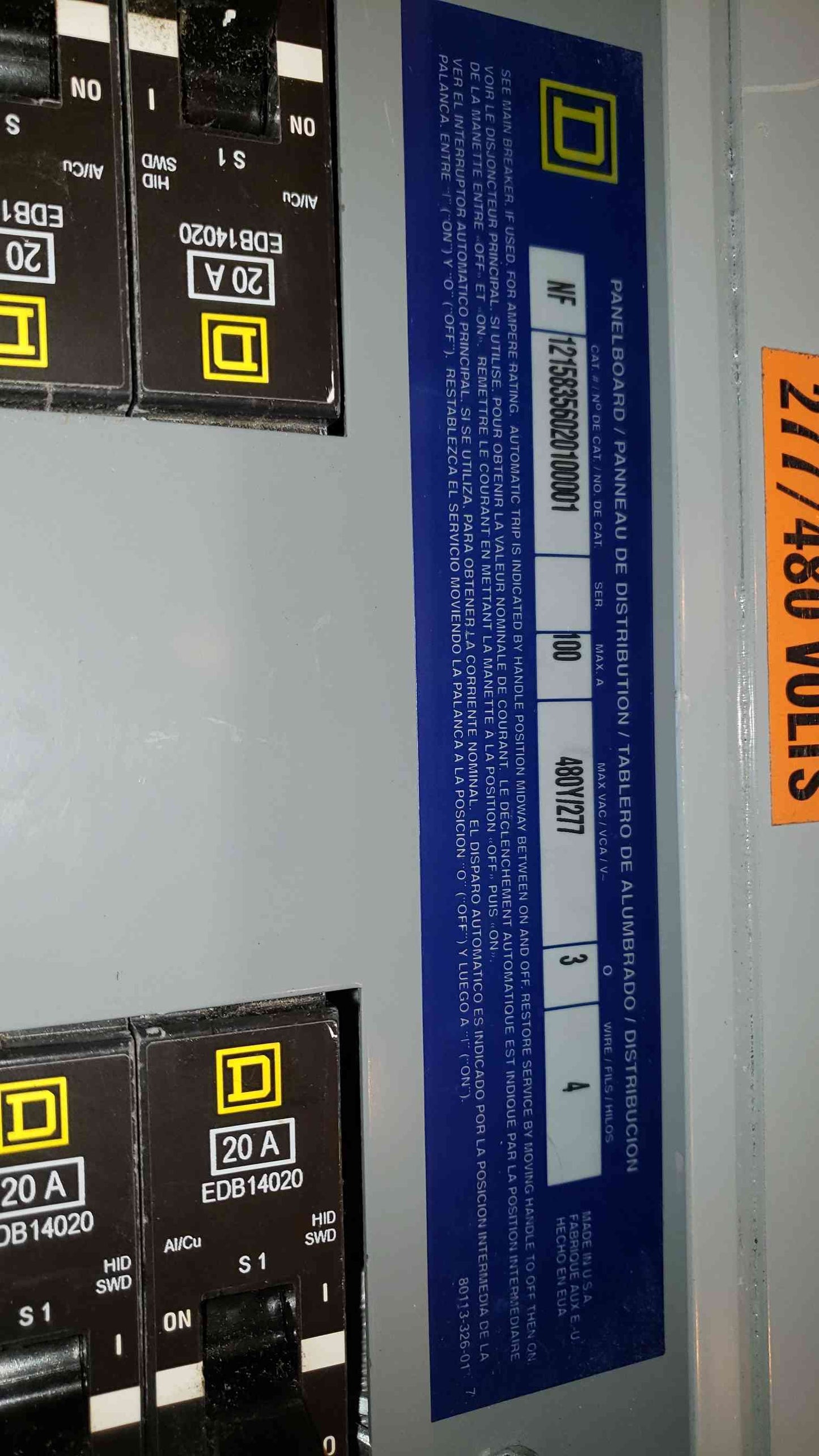 100A NF Square D Panel Board NC38SHR w/ Main 480V LOADED(100299)