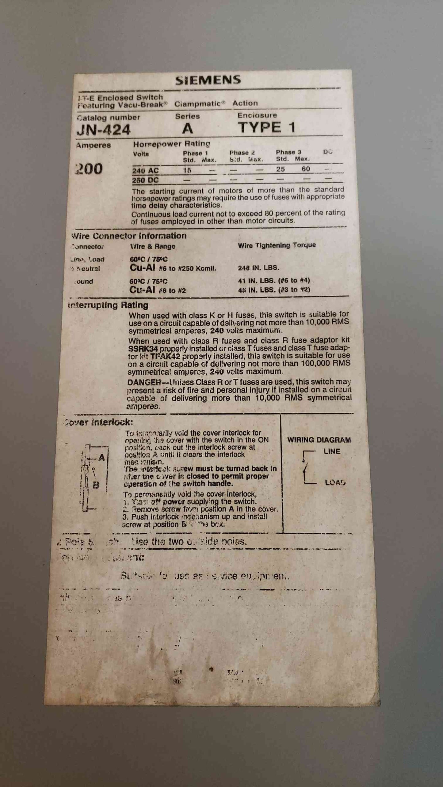 SIEMENS 200A Enclosed Switch General Duty JN424 (SKU: 1901AA)(1901AA)
