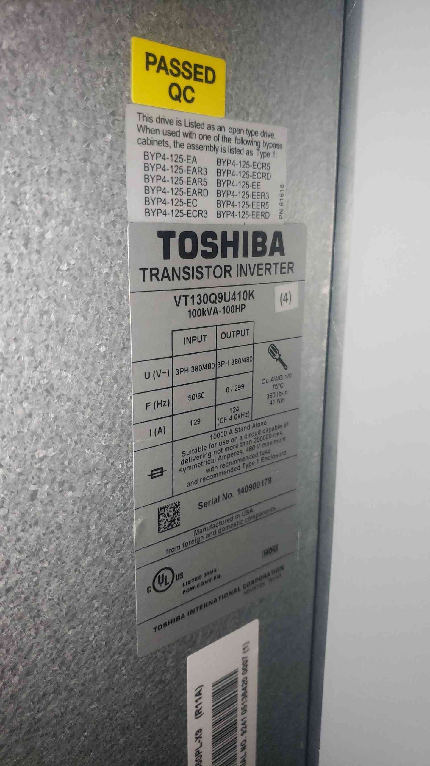 NEW 100HP TOSHIBA VT130Q9U410K & VFAS14550PLX9 Adjustable Speed Drive in Enclosure(100392)