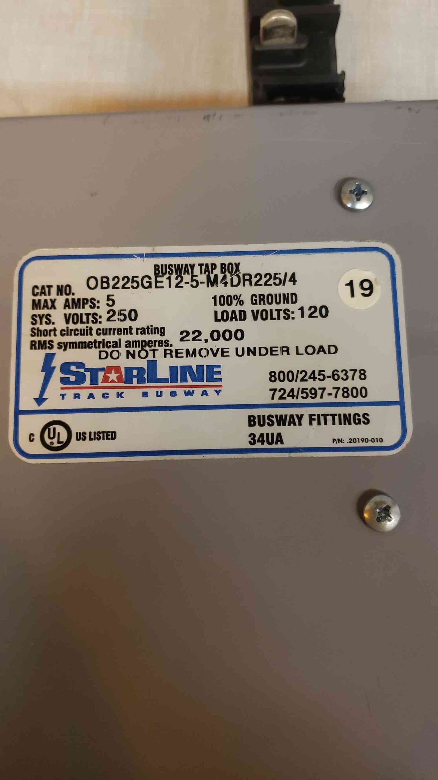 5A 250/120v STARLINE Busway Tap Box OB225GE125M4DR225/4 w/ Whip (S6LLST4463)5A(S6LLST4463)