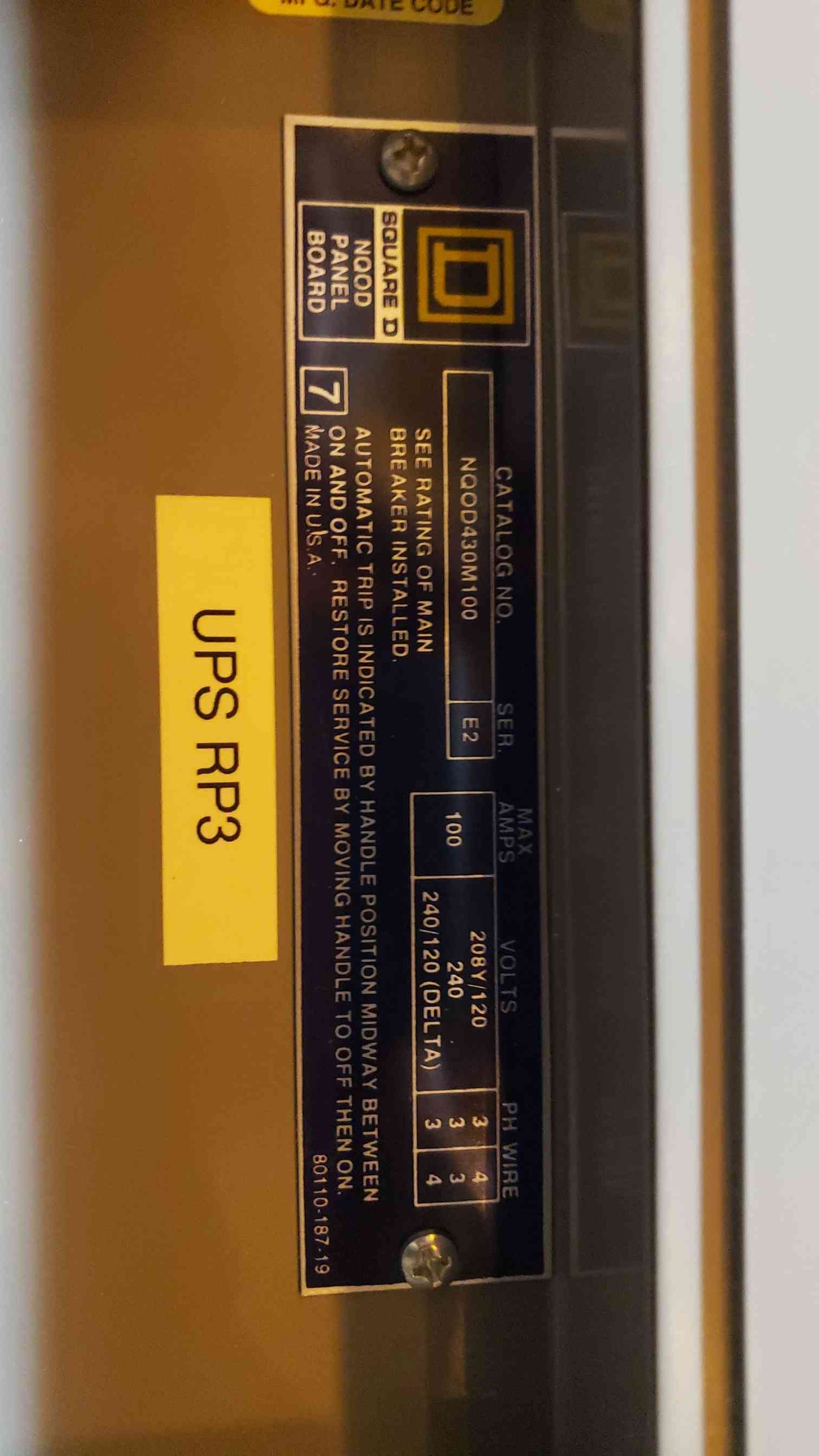 100A NQOD Square D 120/208v Panel Board(100288)