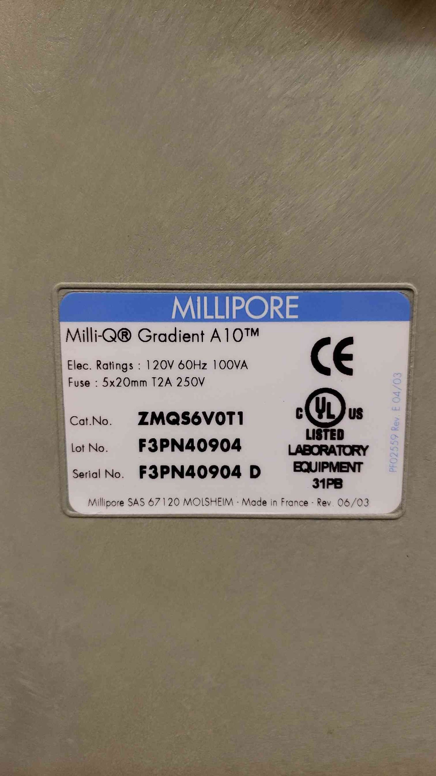Milli-Q Millipore A10 Gradient ZMQS6V0T1(100464)