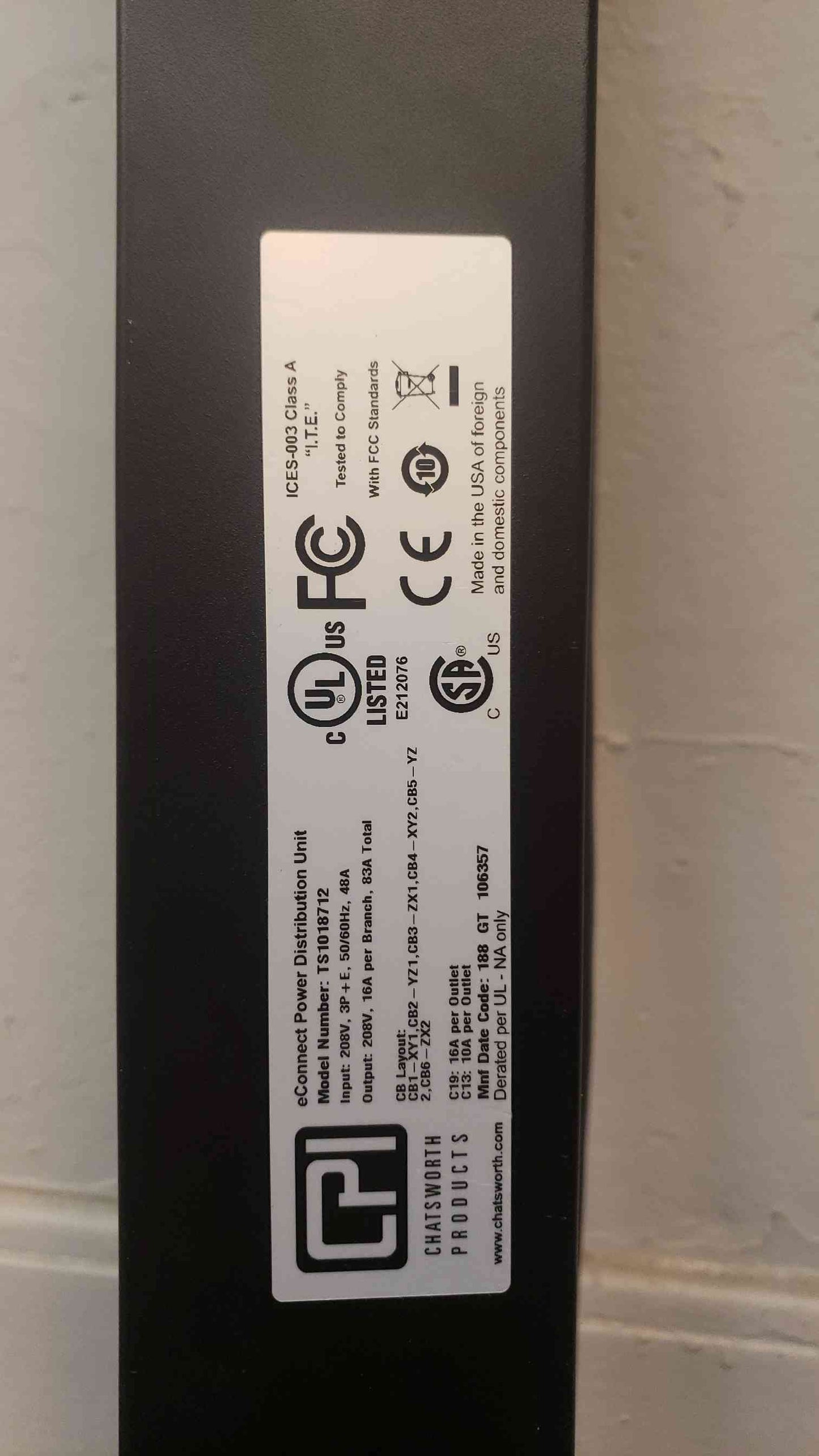 CPI Econnect PDU 48A (83A) TS1018712 208v Heavy Duty Oiwer Distribution Strip(1138AA)