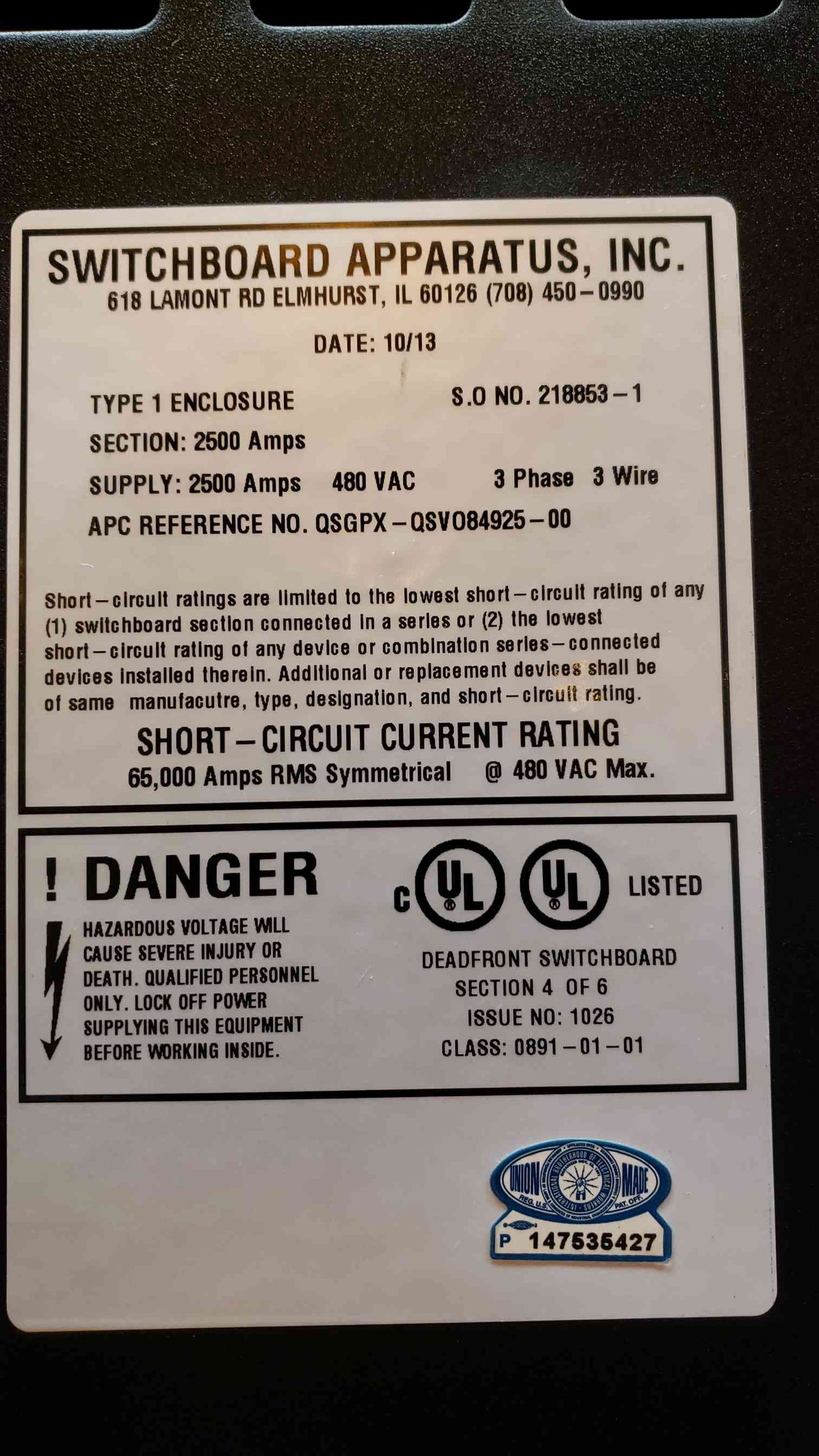 2500A APC Square D Dual Main Breaker Switchgear 2x NW25H WL3GGB33A9CXBXXXXA (100690)(100690)