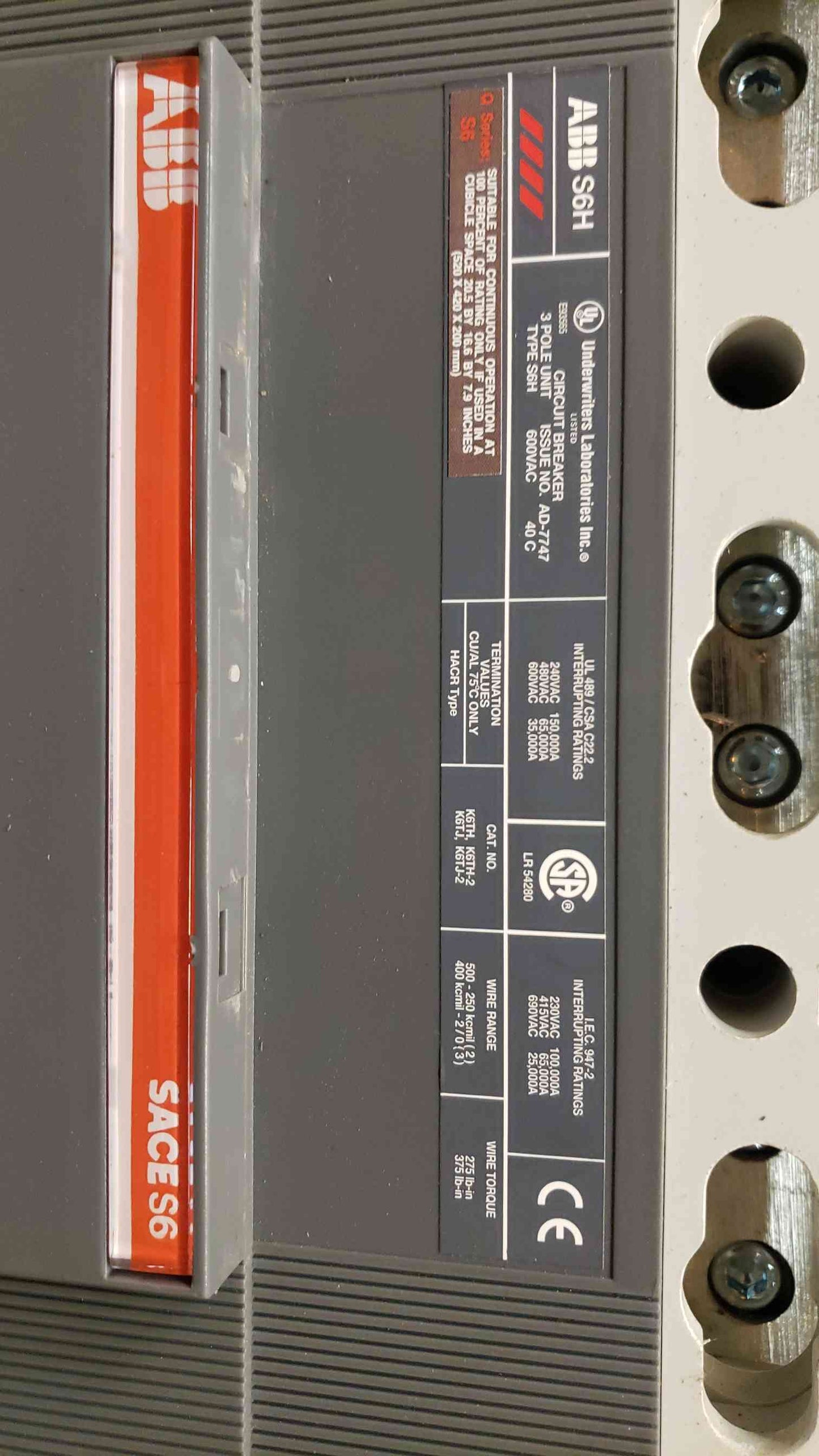 ABB 600A SACE S6H 3 Pole Circuit Breaker AD7747 K6TH(100078)