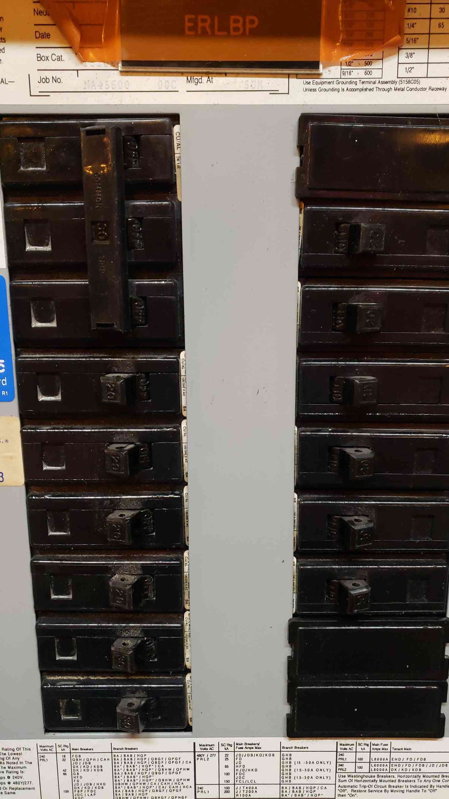 PRL1 50A Breaker Panelboard 208v Neut 100A Loaded w/ Main (SKU: 3432AA)(3432AA)