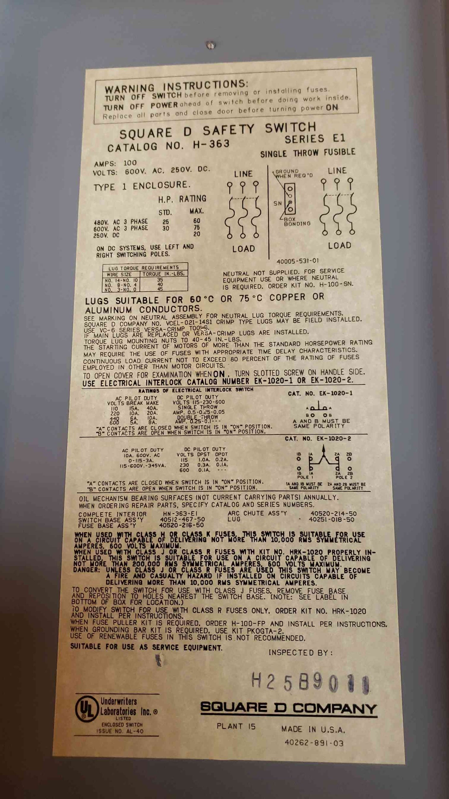 100A Square D Safety Switch Series E1 H363 480v / 600v(3400AA)