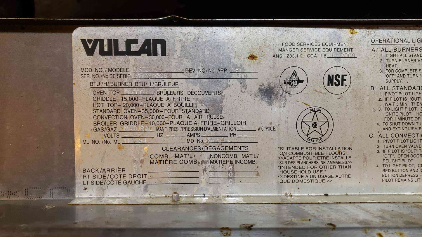 VULCAN Stainless Steel 6 Burner Oven VG36 Commercial Gas Range Stove(100786)