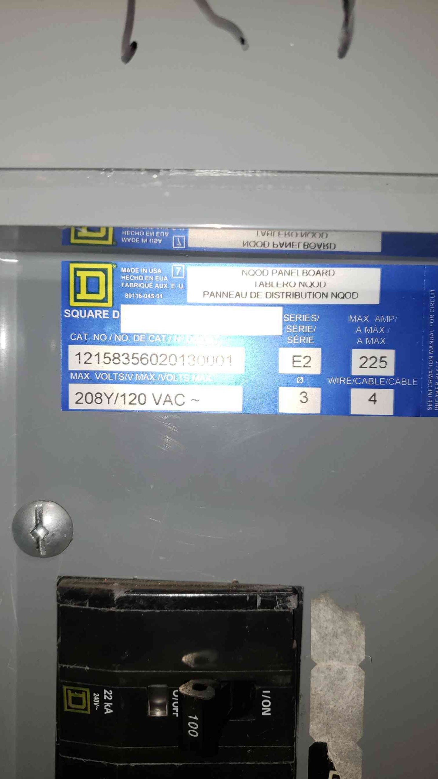 225A NQOD Square D Panel Board MHC44SHR 208V LOADED W/ Main(100308)