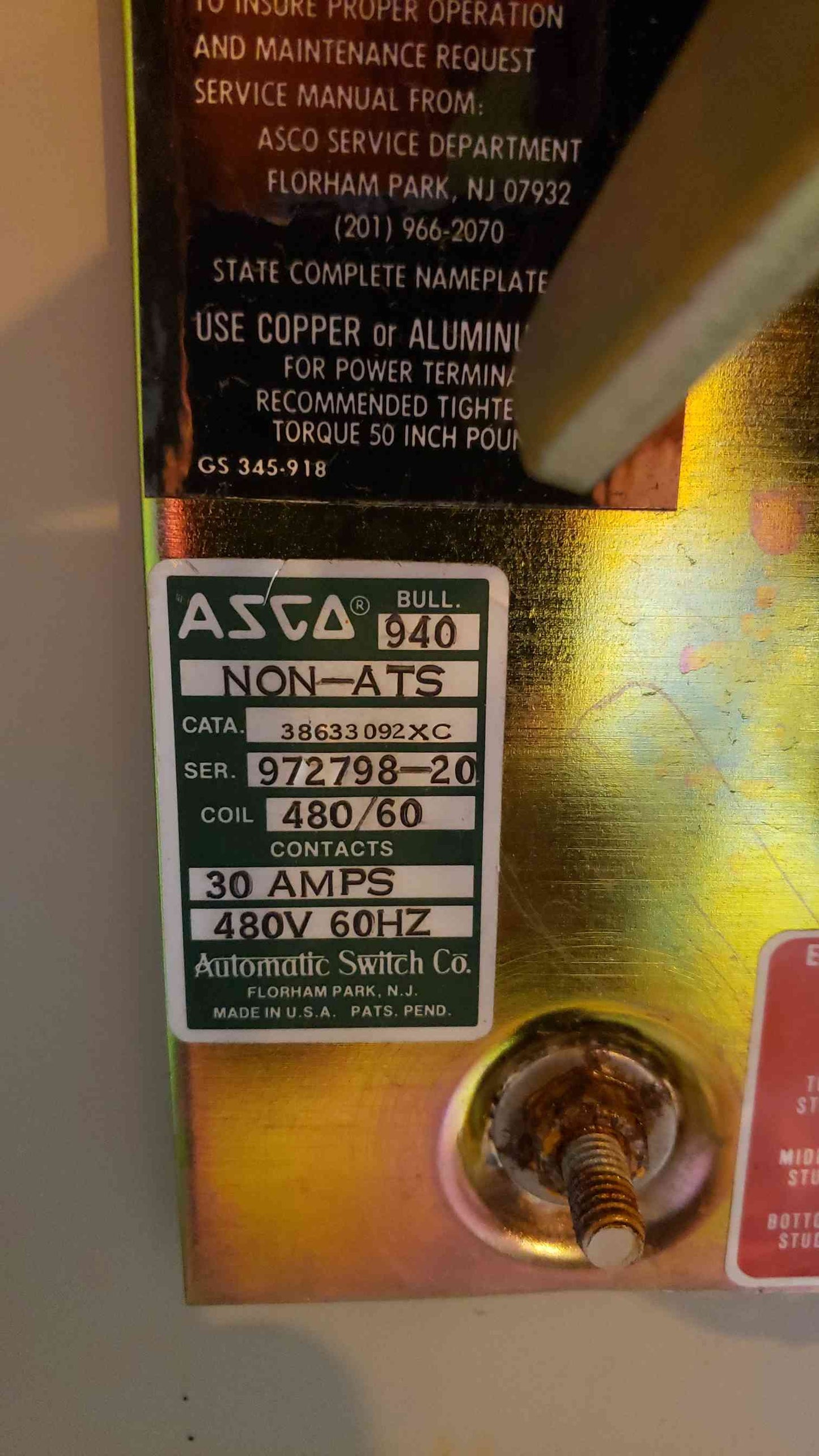 ASCO 30A ATS M374328 480V 3PH (SKU: 2025AA)(2025AA)