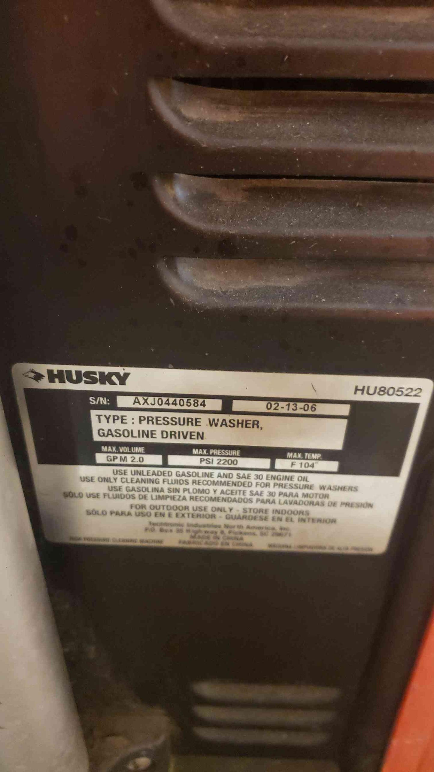 Husky Pressure Washer Q45 Series 2200PSI 2.0 GPM HU80522(3026AA)