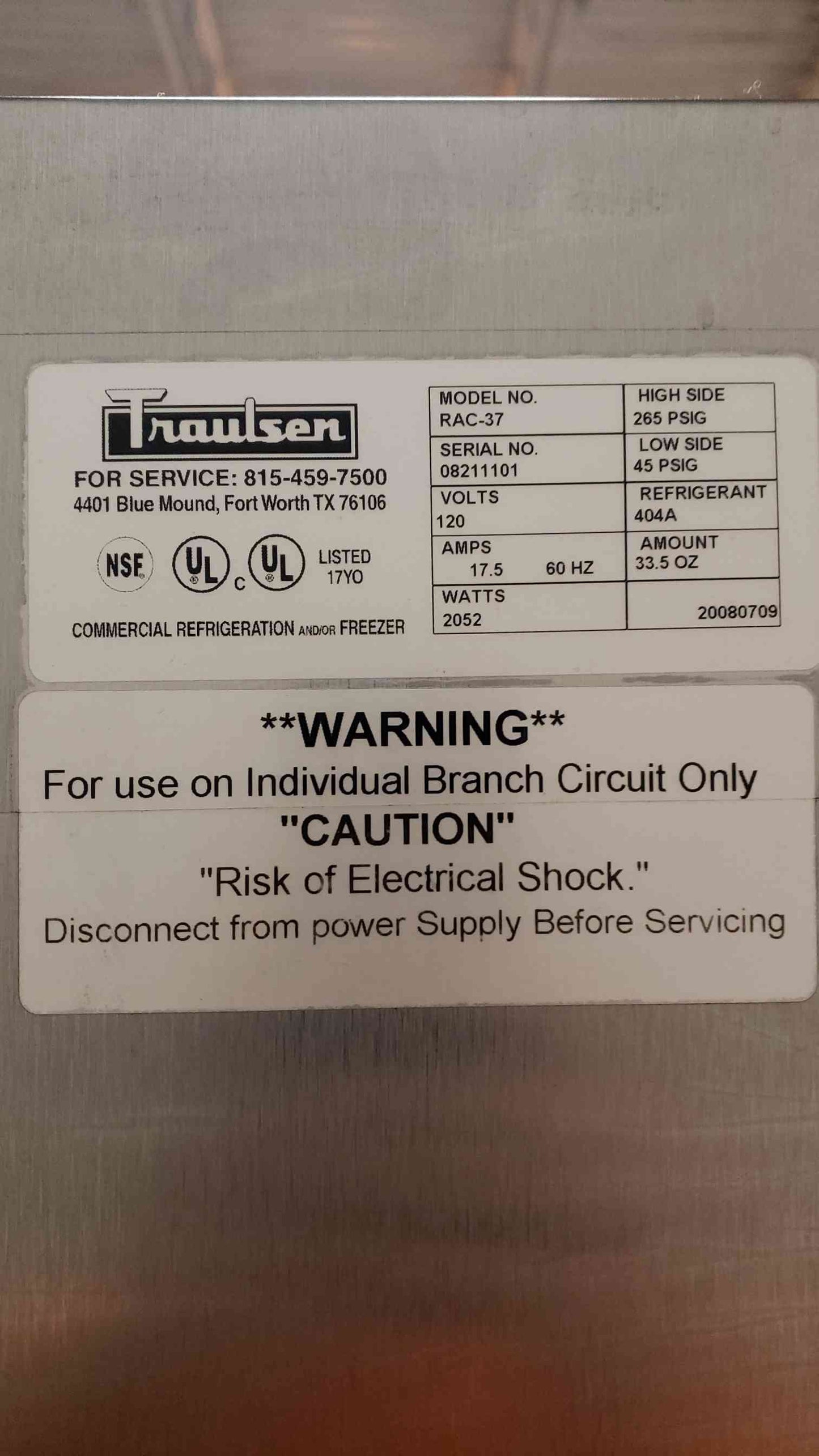 Traulsen Stainless Steel Air Curtain Refrigerator RAC-37 (SKU: 3512AA)(3512AA)