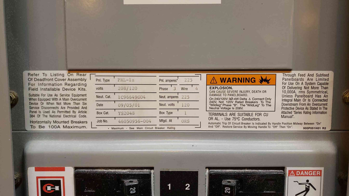 Cutler-Hammer PRL-1a 225A 120/208V 3PH Panelboard LOADED w/ 40x BAB Breakers