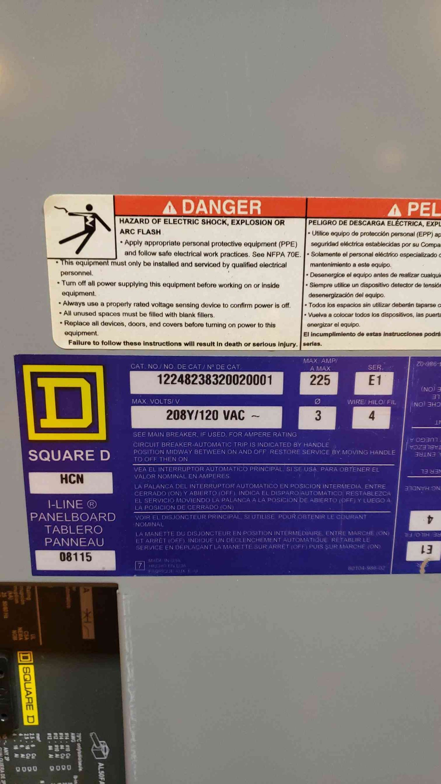 Square D I-Line 225A Panelboard 120/208V with 14 Installed Breakers (101264)(101264)