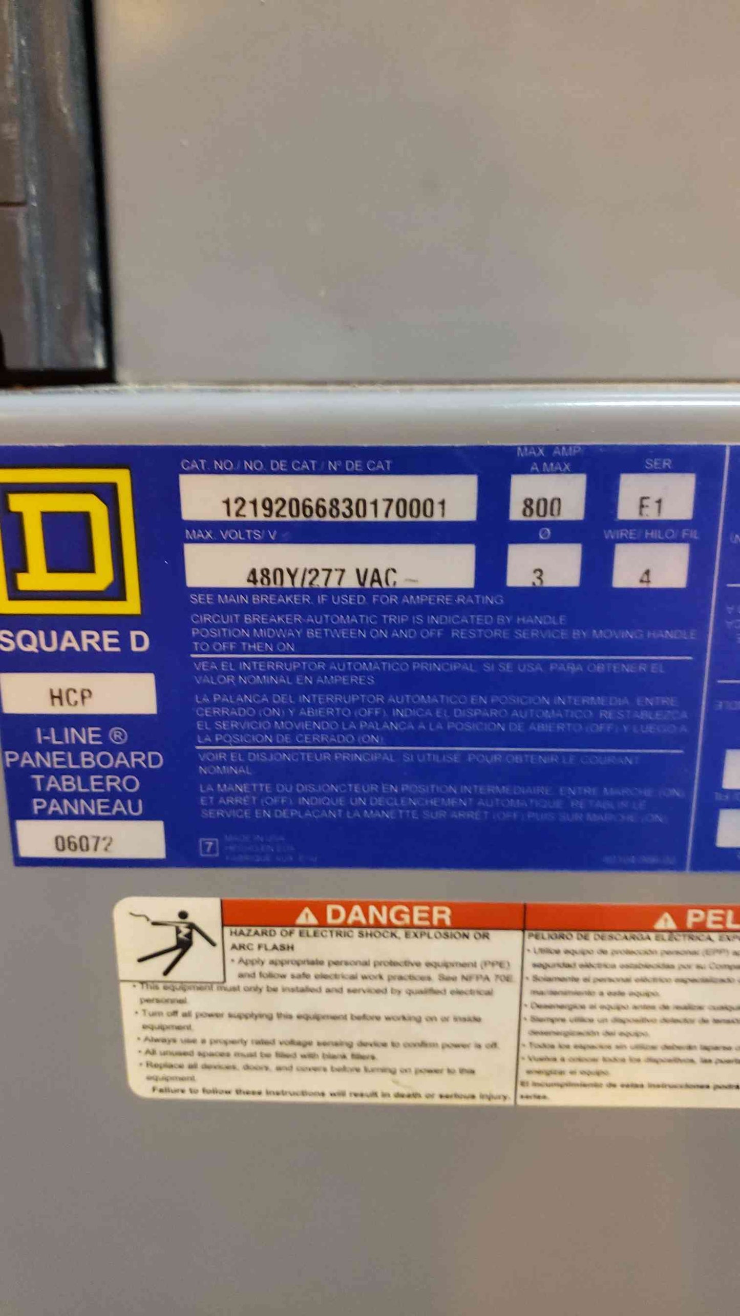 Square D I-Line 800A 120/208V Panelboard with 27 Installed Breakers (101271)(101271)