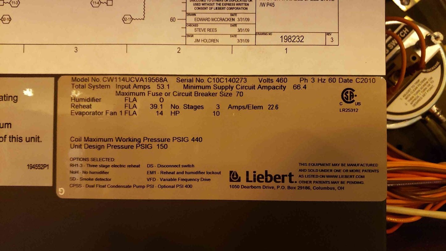 Liebert CW114U 30 Ton Upflow CRAH Air Conditioner '10 Chilled Water 460V (SKU: 4524AA)(4524AA)