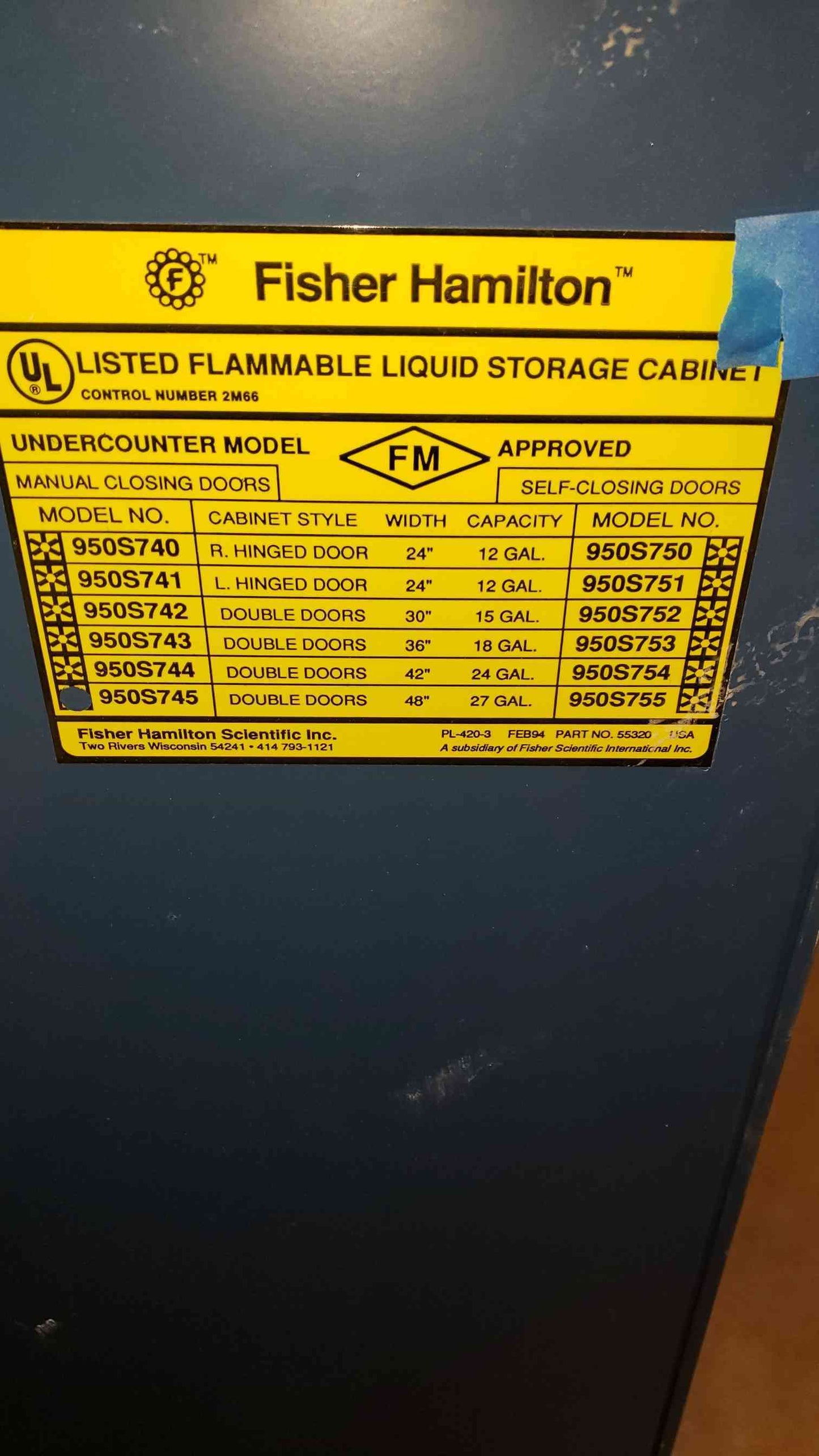 Fisher Hamilton 4' Flammable 27 Gal. Cabinet 950S745 (SKU: 4544AA)(4544AA)
