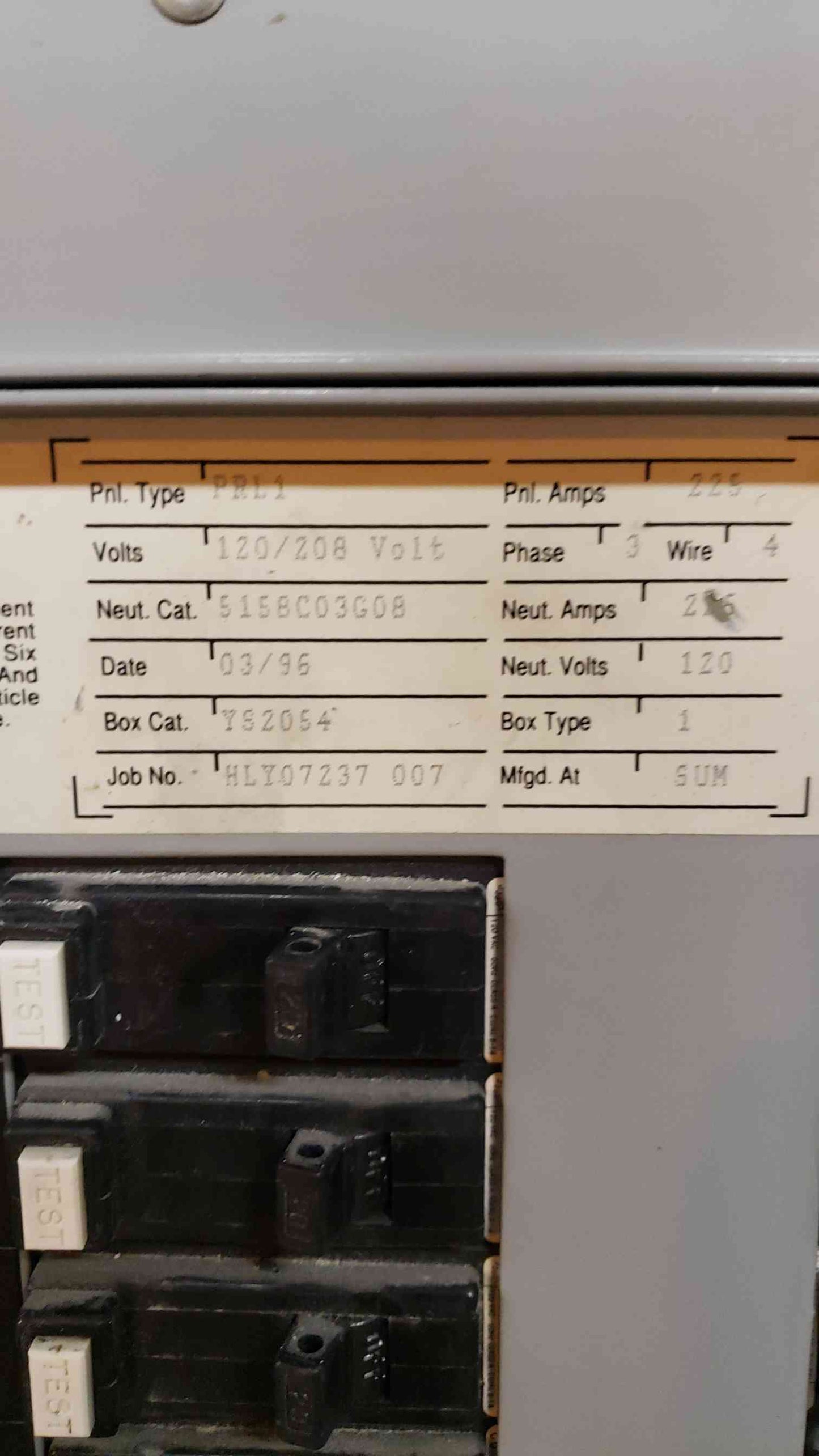 CutlerHammer 225A 120/208V Panelboard PRL1 w/ Main (SKU: 1574AA)(1574AA)