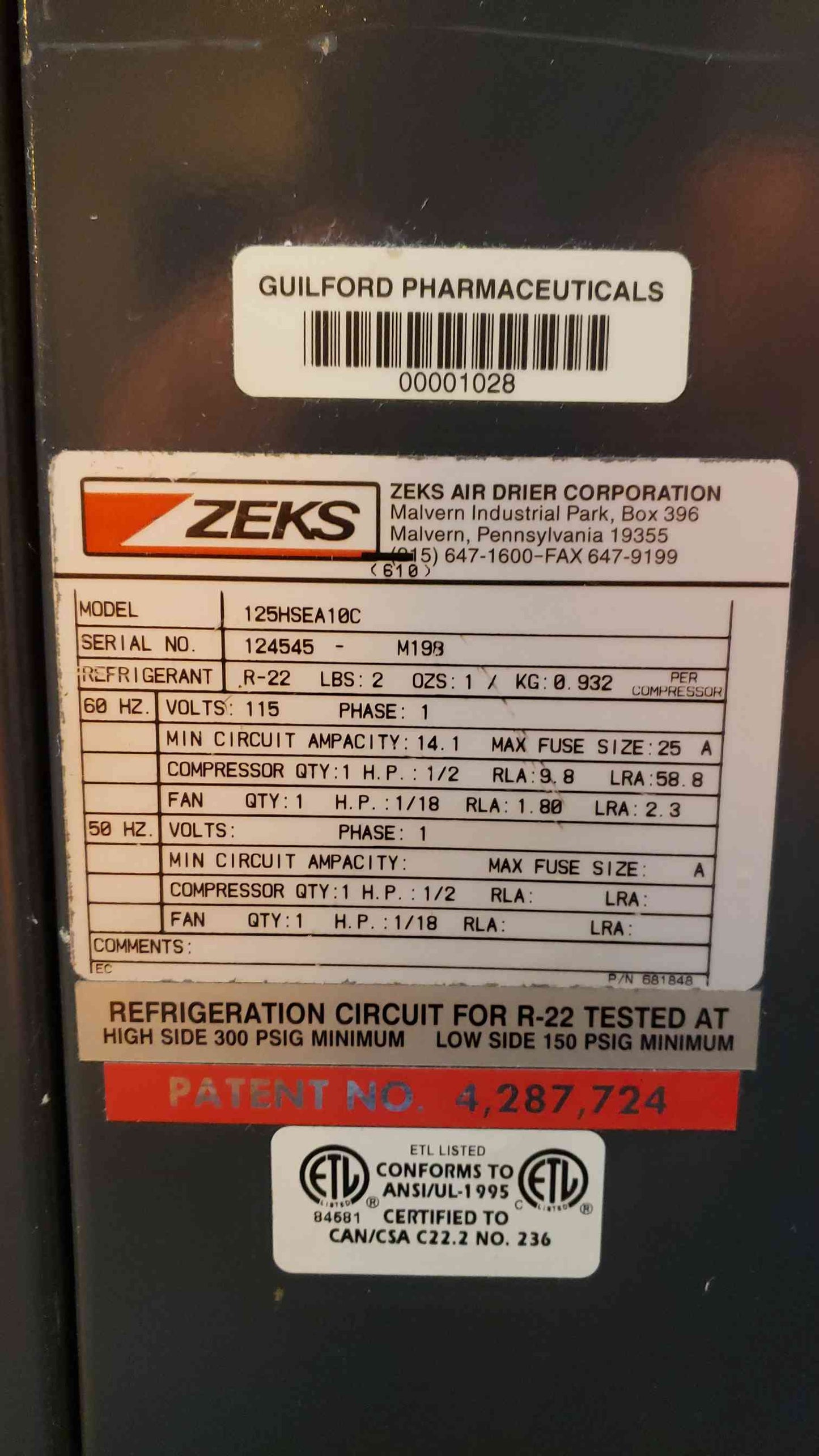 ZEKS HeatSink 115V 1PH 125HSEA10C Compressed Air Dryer (SKU: 1584AA)(1584AA)