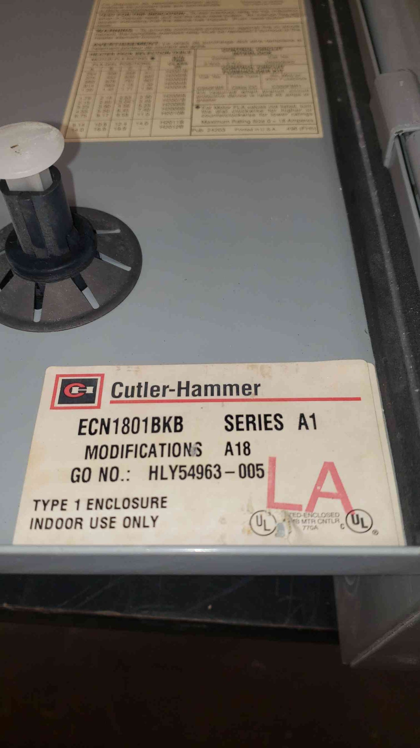 Cutler-Hammer Type 1 Enclosure ECN1801BKB Combination Motor Controller (SKU: 1604AA)(1604AA)