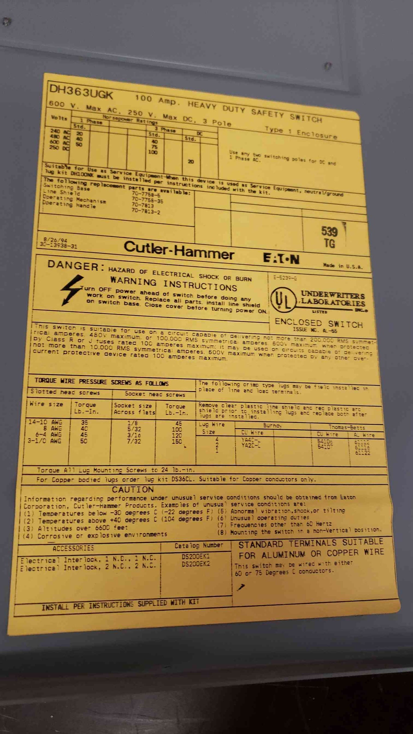 CutlerHammer 100A 600V Heavy Duty Safety Switch DH363UGK (SKU: 2079AA)(2079AA)