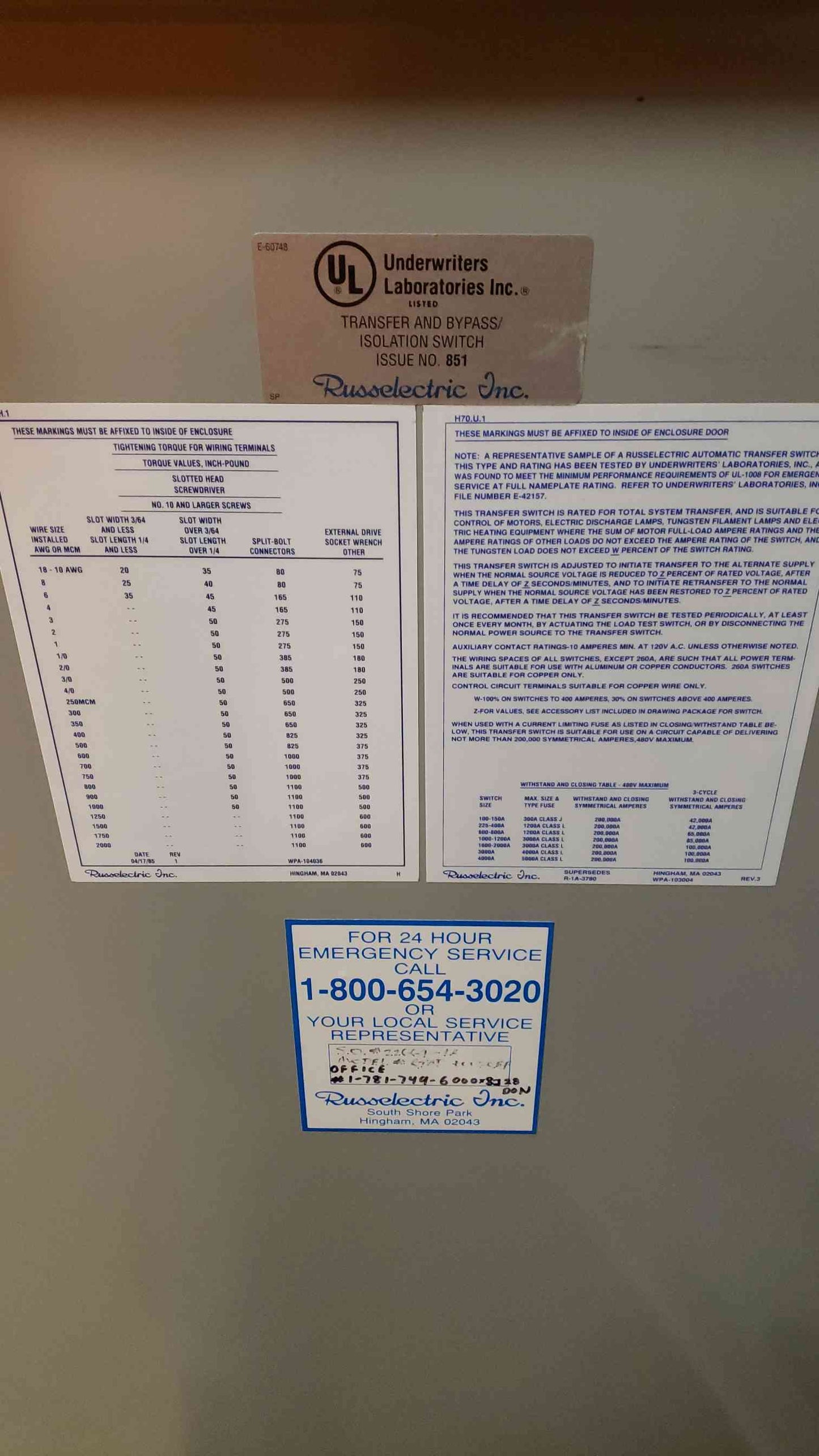 800A Russelectric ATS 480v RTBD8003CEF Automatic Transfer Switch (101359)(101359)