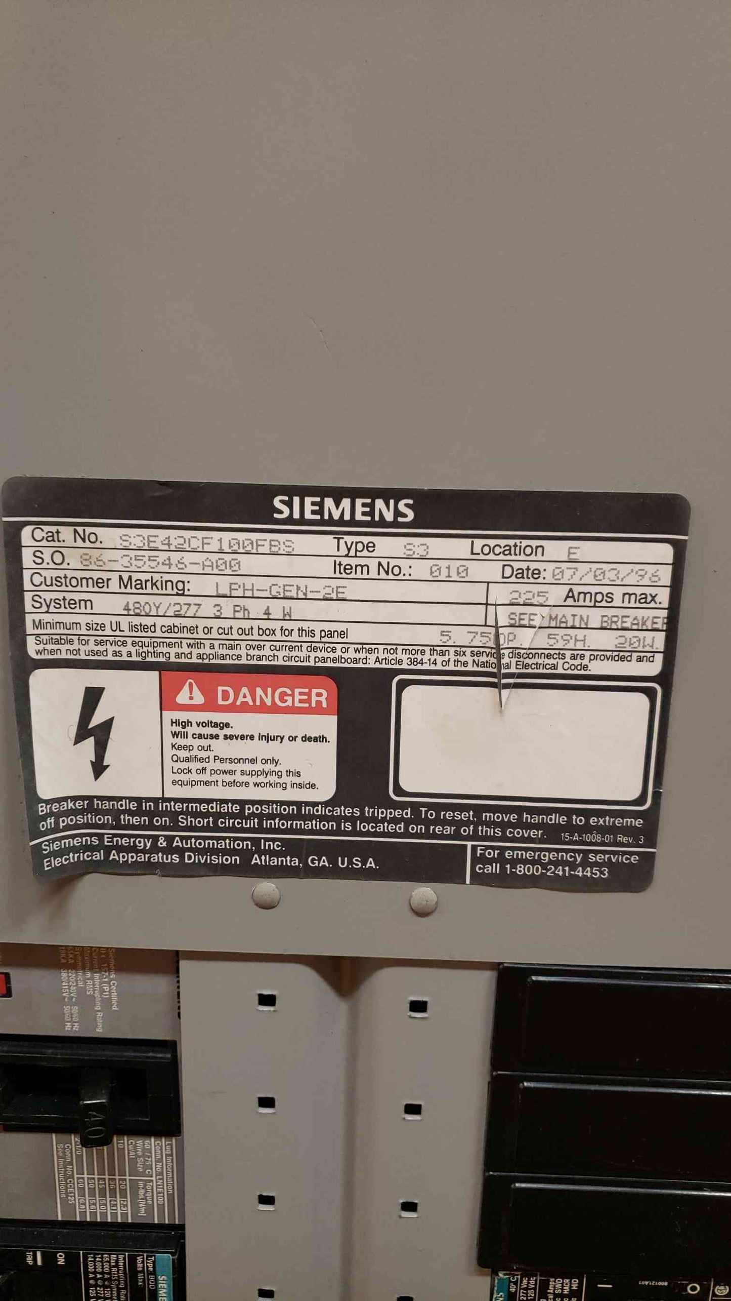 Siemens Sentron 225A 480V, 277V 3PH Panelboard 100A Main (SKU: 2592AA)(2592AA)