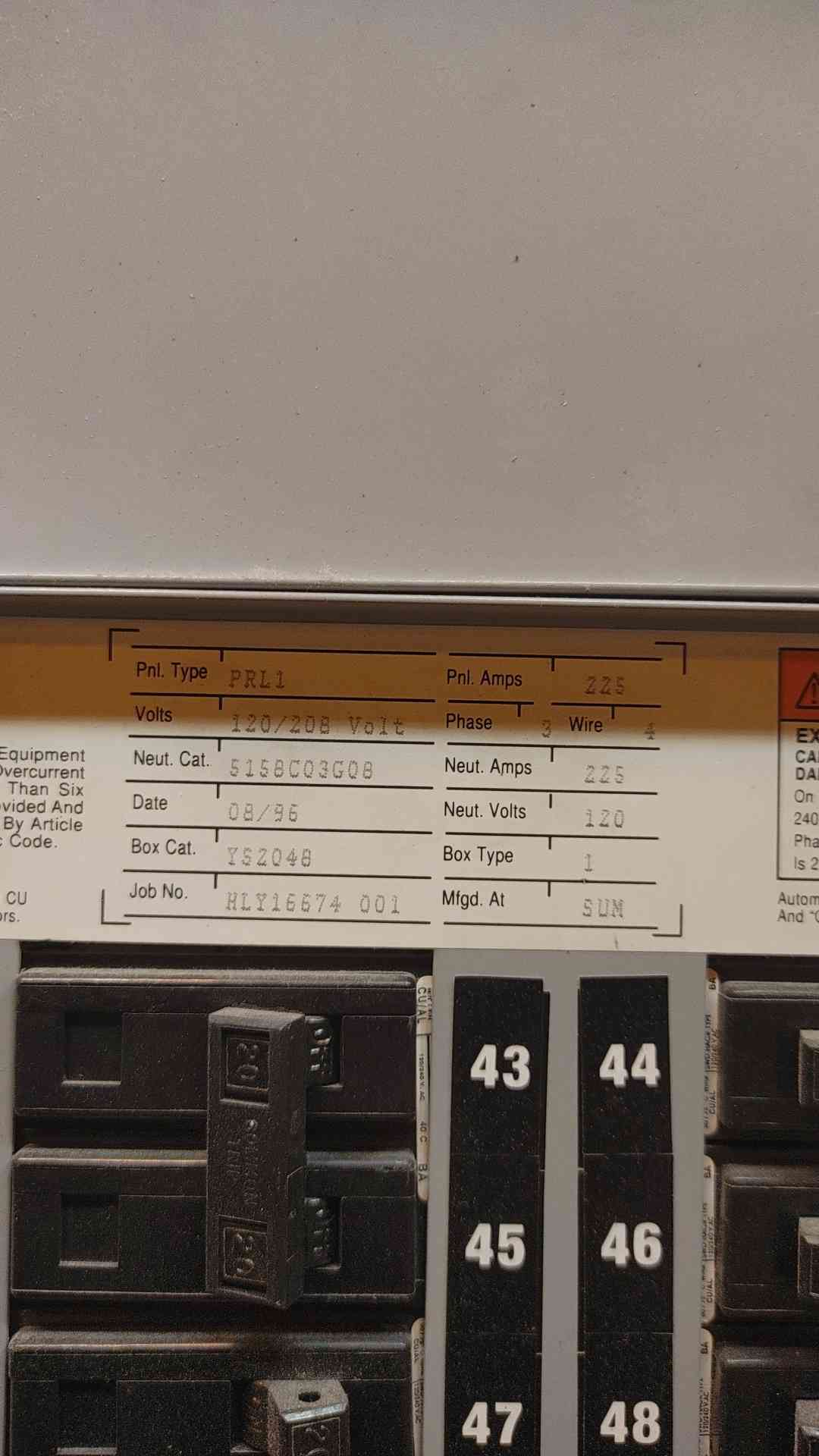 CutlerHammer 120/208V 225A Panel Box PRL1 (SKU: 5055AA)(5055AA)