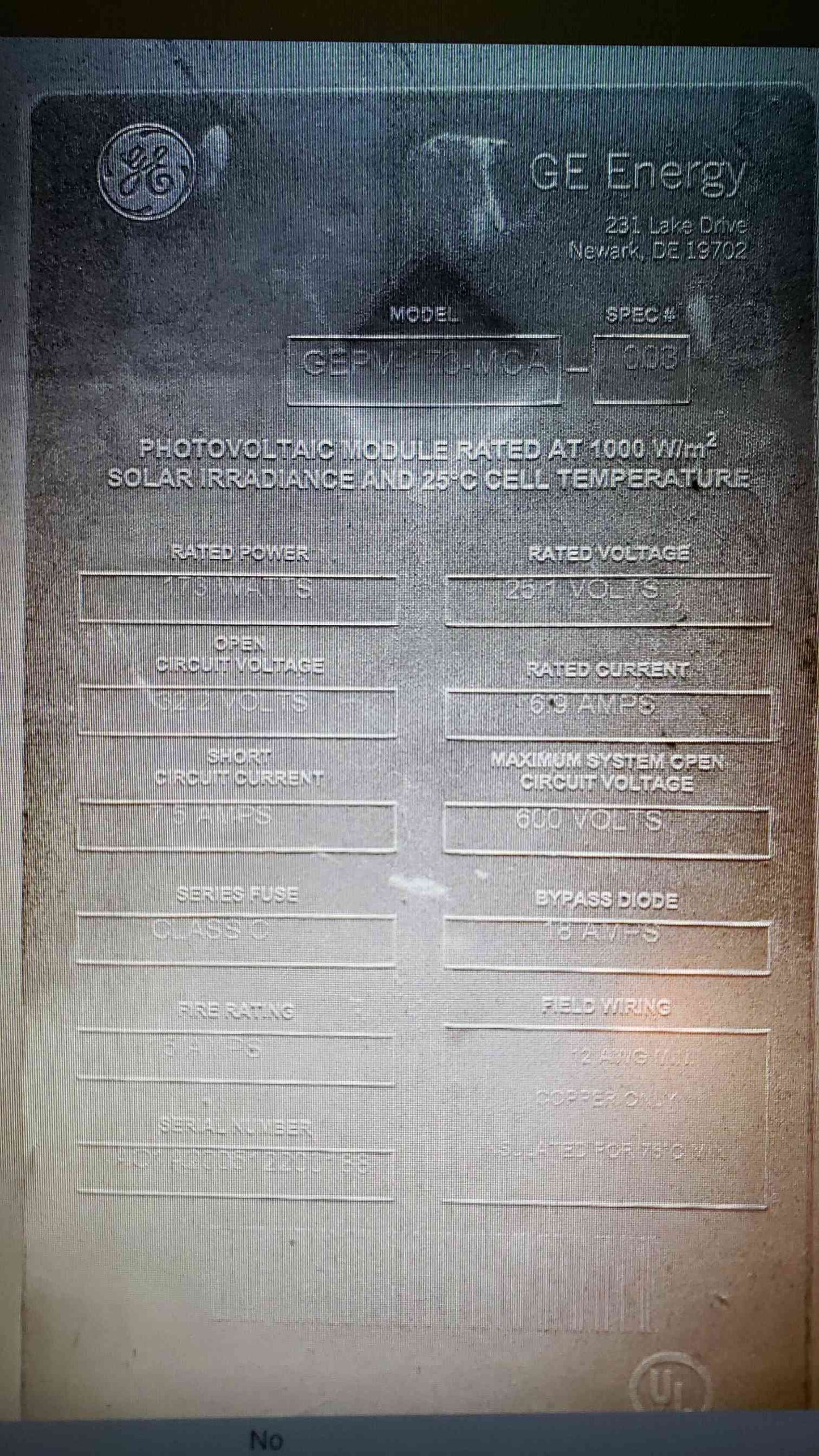Lot of 60 GE Solar Panel GEPV-173-MCA 173 Watt 16V (SKU: 3083AA)(3083AA)