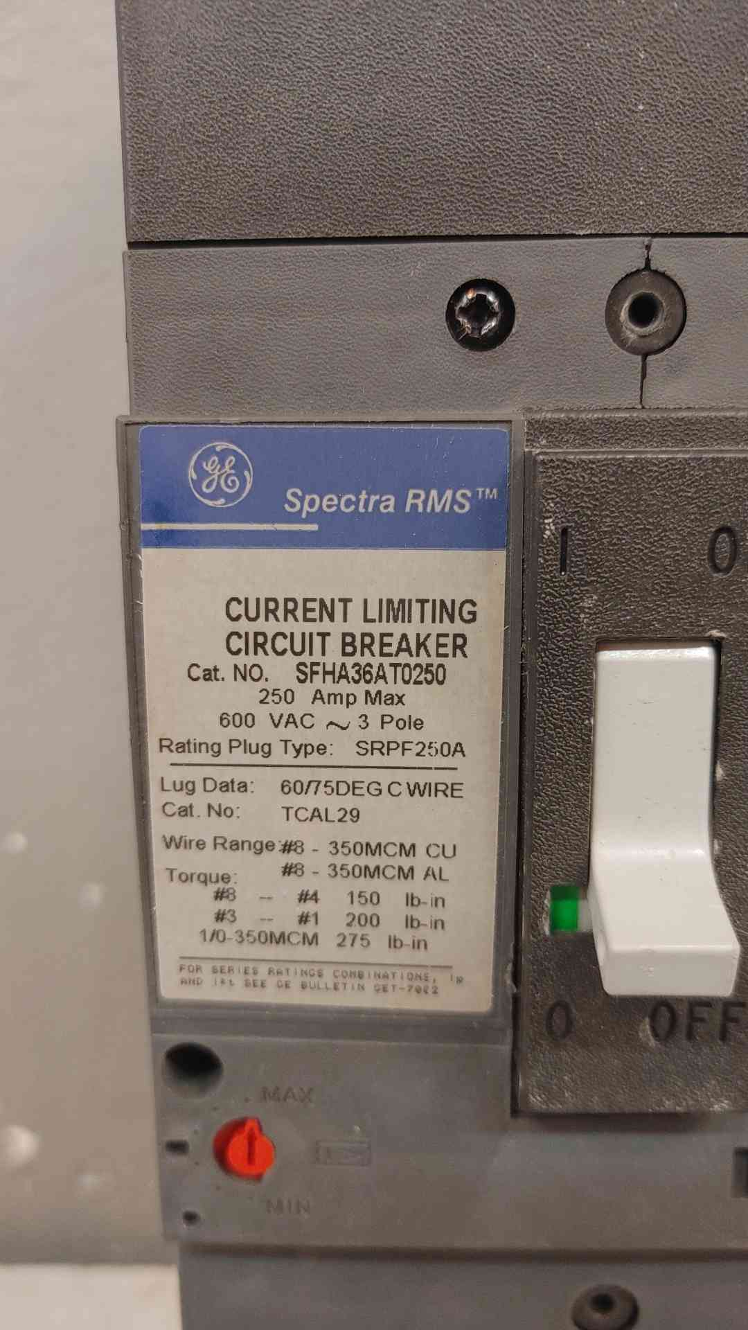 GE Spectra RMS SFHA36AT0250 600VAC 3 POLE 250A 125A Trip (2627AA)(2627AA)