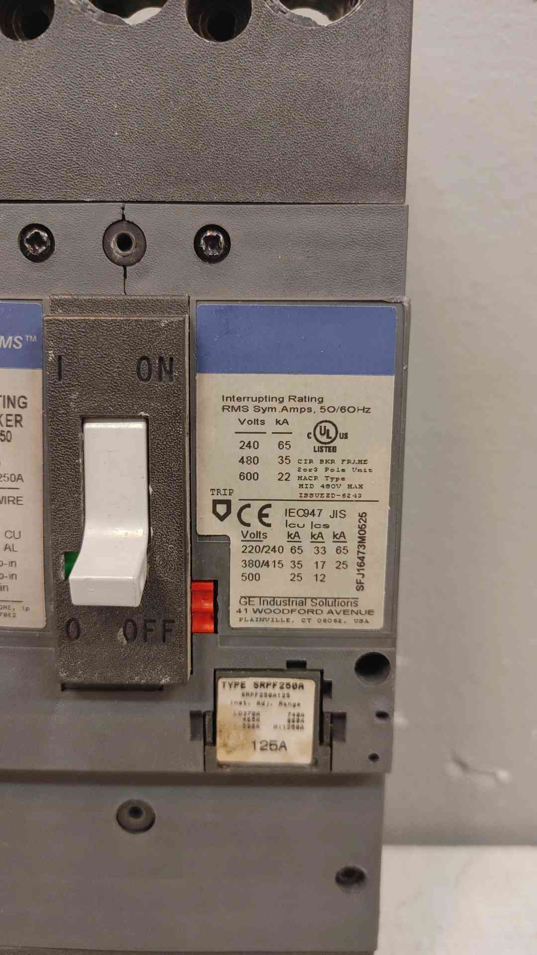 GE Spectra RMS SFHA36AT0250 600VAC 3 POLE 250A 125A Trip (2627AA)(2627AA)