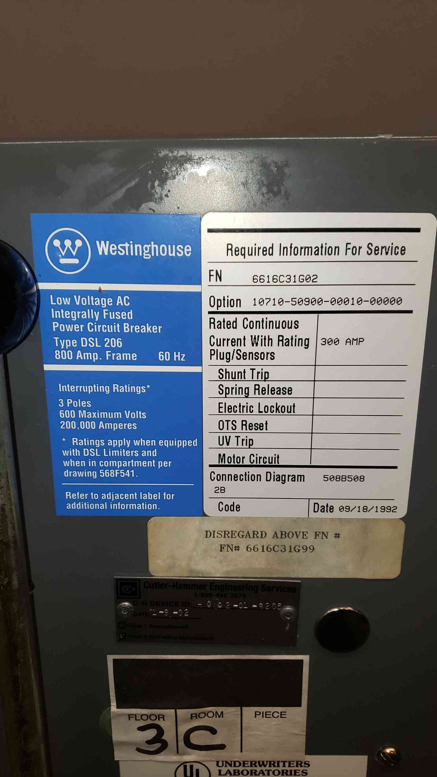 DSL206 Westinghouse 800A Frame 300A Trip Low Voltage AC Circuit Breaker DSL206 (SKU: 3590AA)(3590AA)