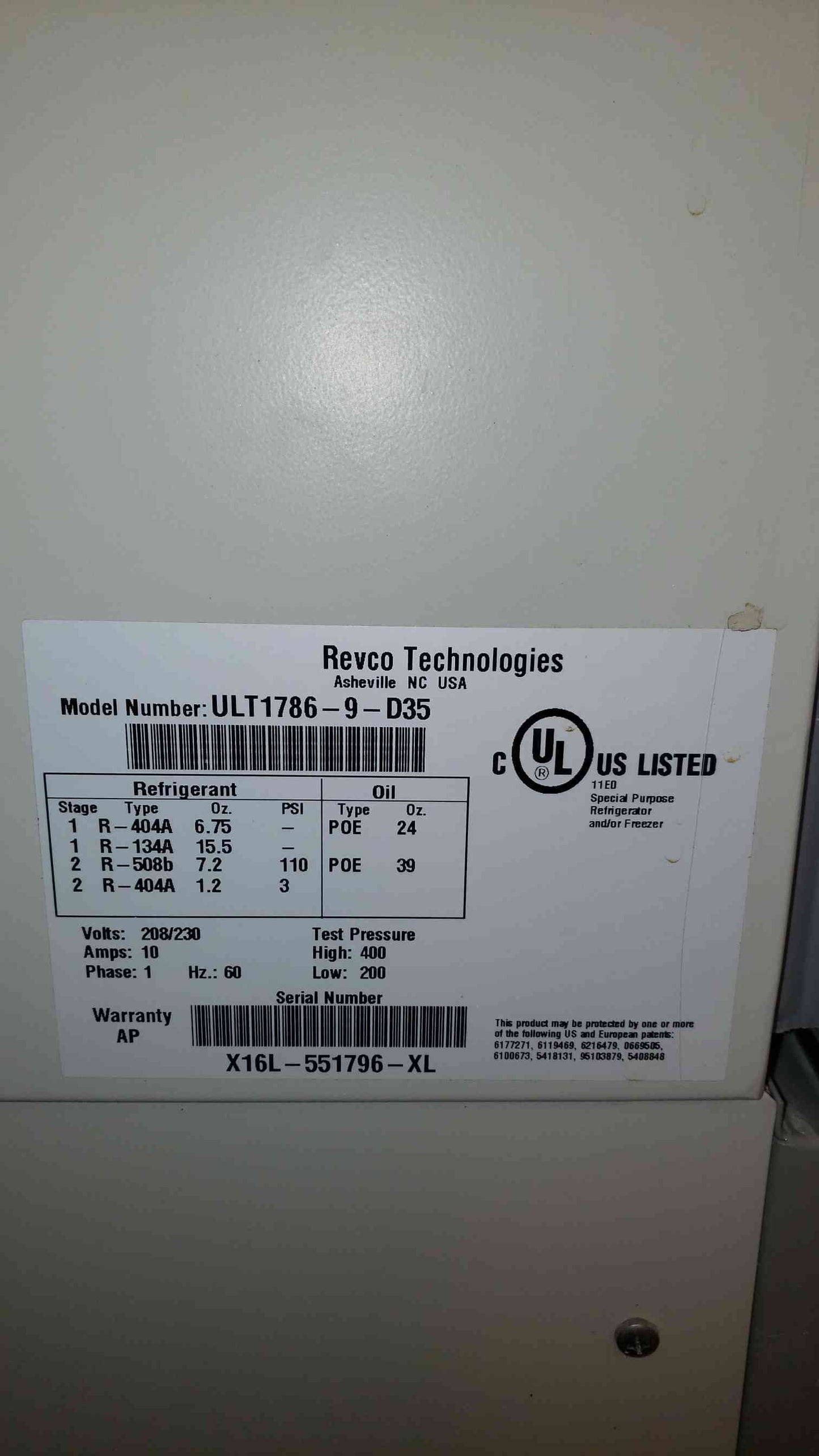 AS-IS REVCO Special Purpose Refrigerator/Freezer ULT1786-9-D35 Not Working (SKU: 2648AA)(2648AA)